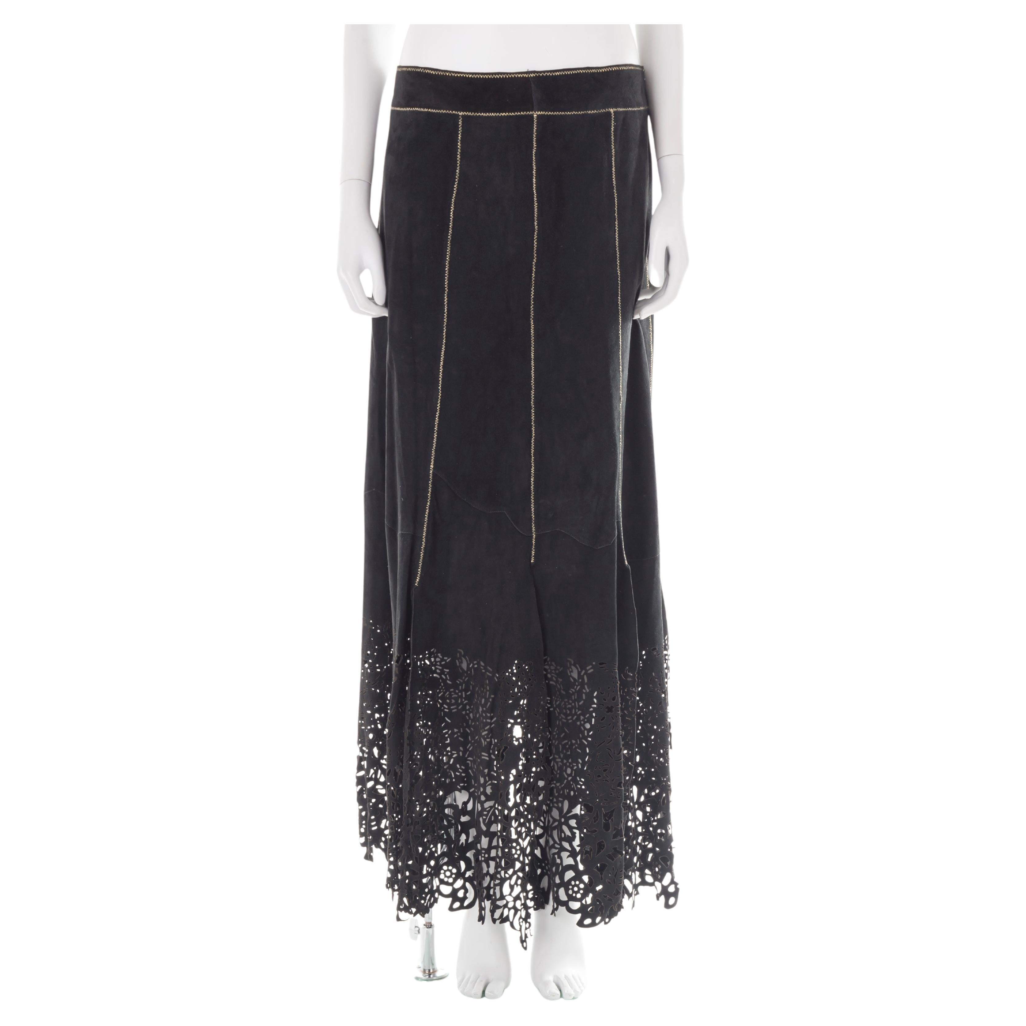 Roberto Cavalli F/W 1999 black suede laser-cut maxi skirt For Sale