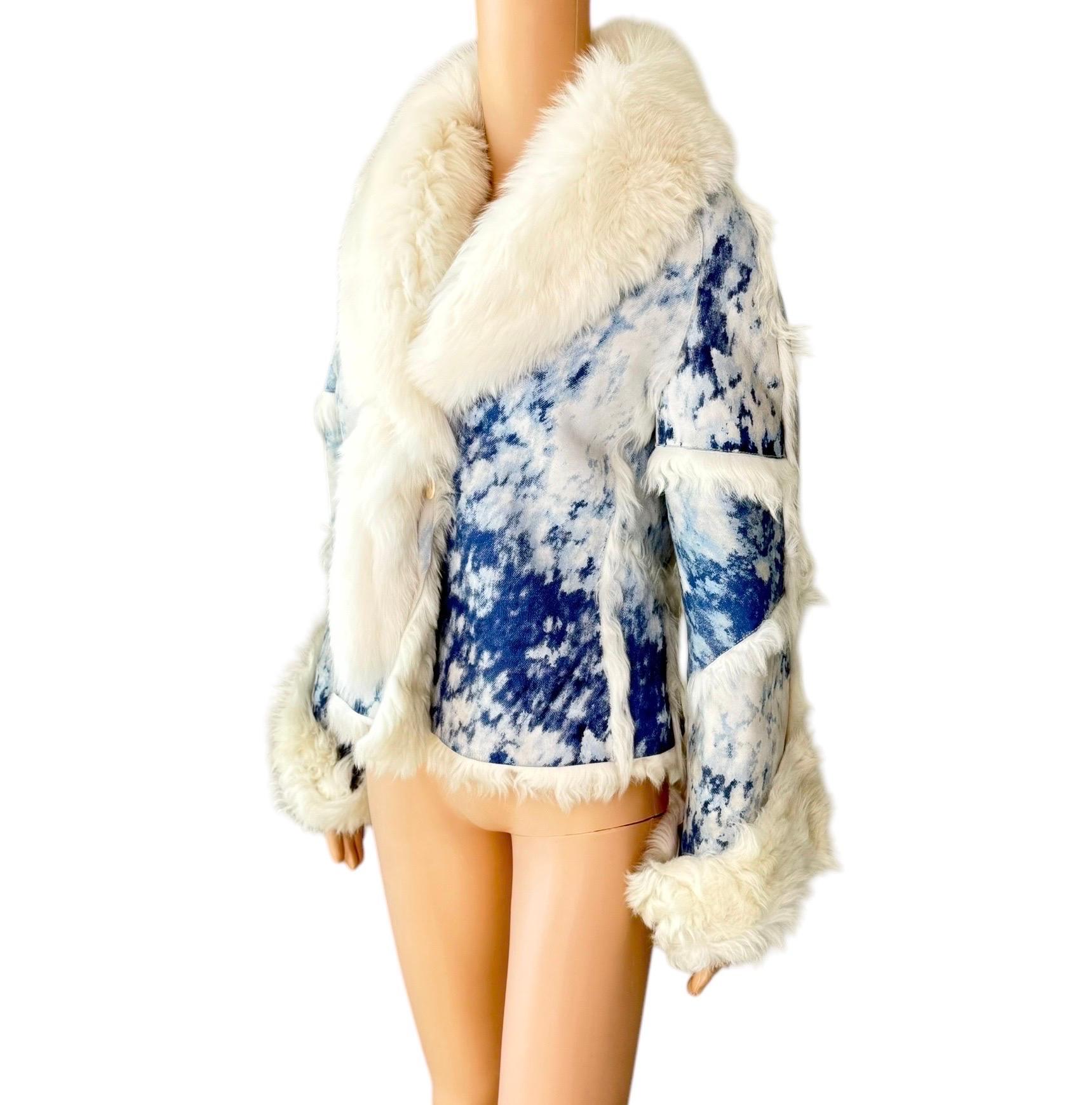 Roberto Cavalli F/W 2001 Blue Tie Dye Shearling Leather & Fox Fur Jacket Coat For Sale 5