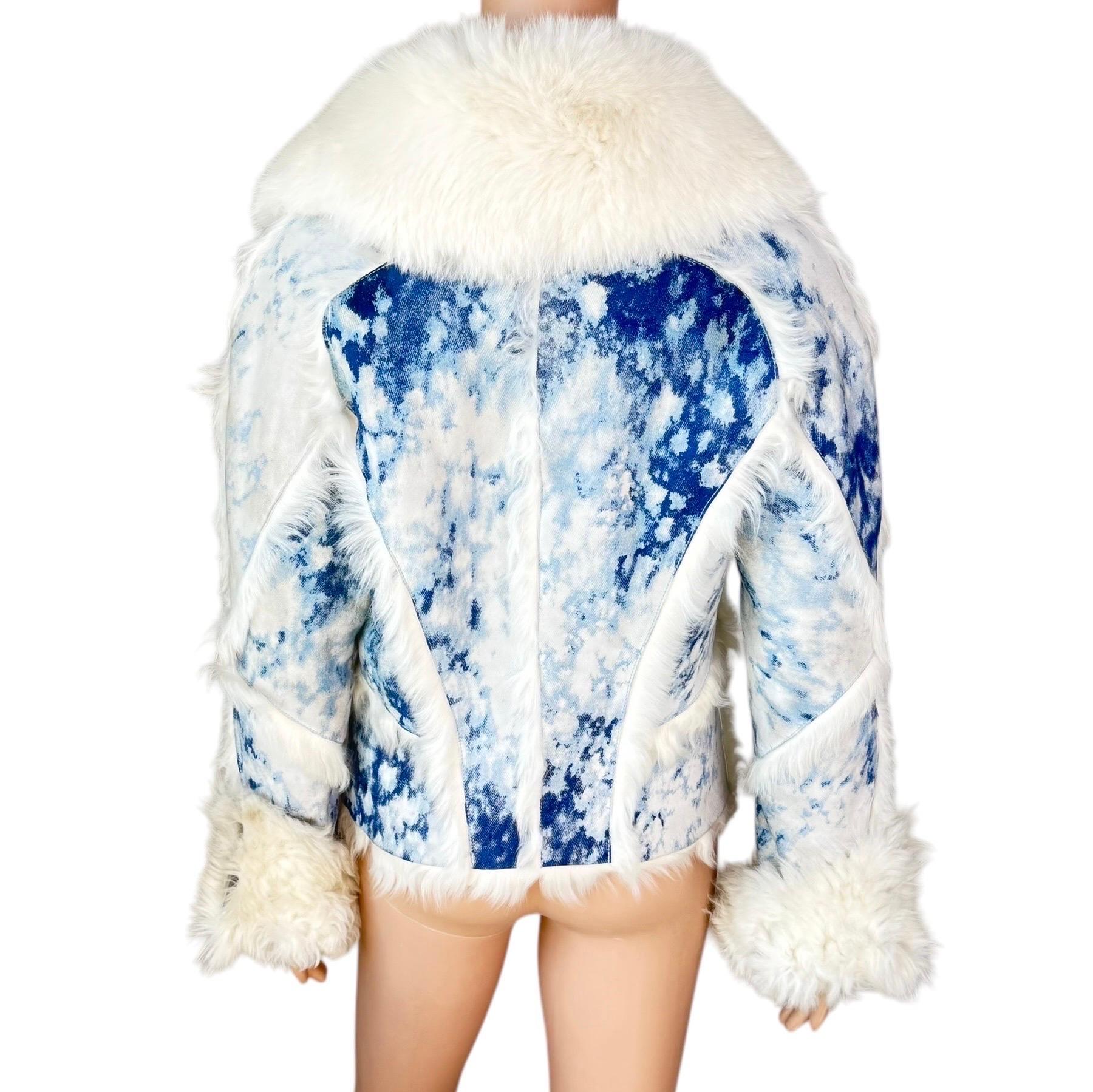 Roberto Cavalli F/W 2001 Blue Tie Dye Shearling Leather & Fox Fur Jacket Coat For Sale 10