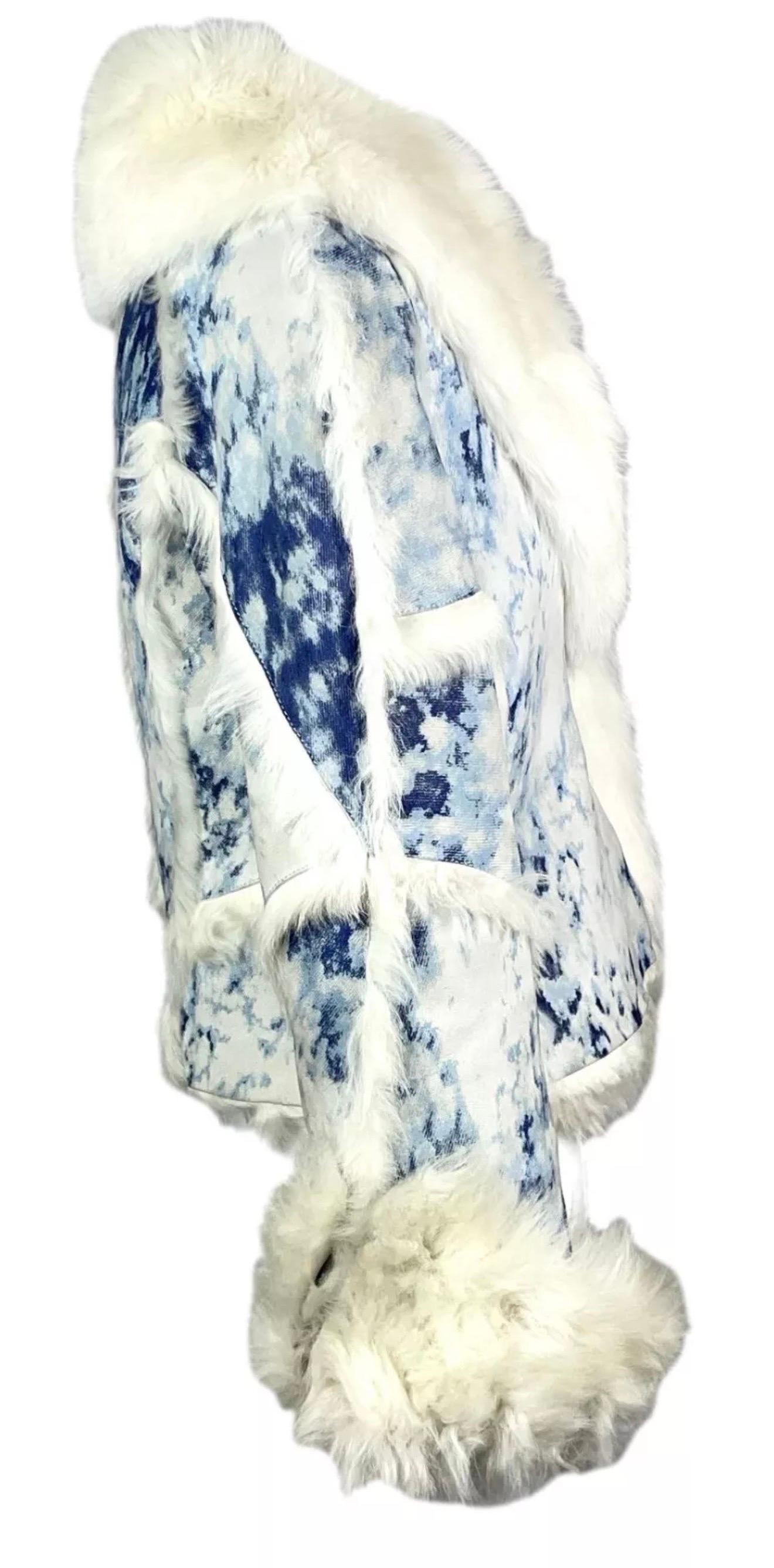 Women's Roberto Cavalli F/W 2001 Blue Tie Dye Shearling Leather & Fox Fur Jacket Coat For Sale