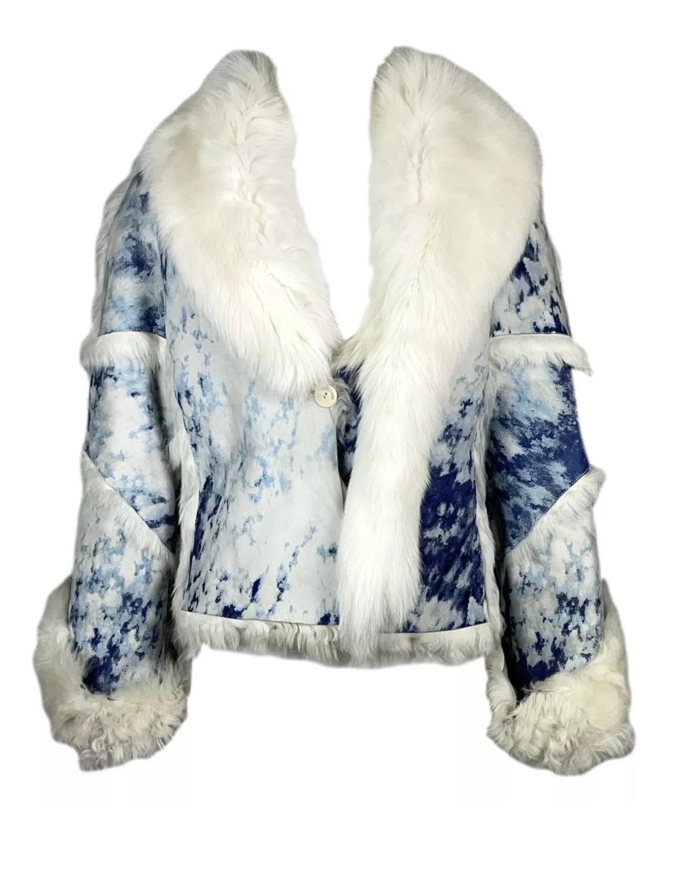 Roberto Cavalli F/W 2001 Blue Tie Dye Shearling Leather & Fox Fur Jacket Coat For Sale 1