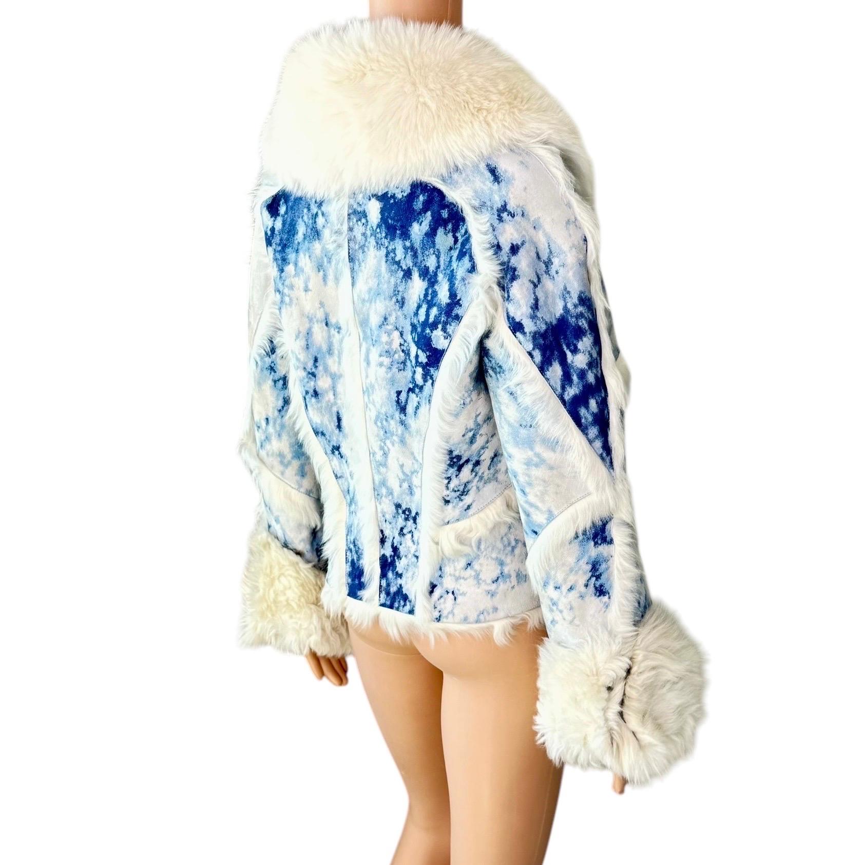 Roberto Cavalli F/W 2001 Blue Tie Dye Shearling Leather & Fox Fur Jacket Coat For Sale 2