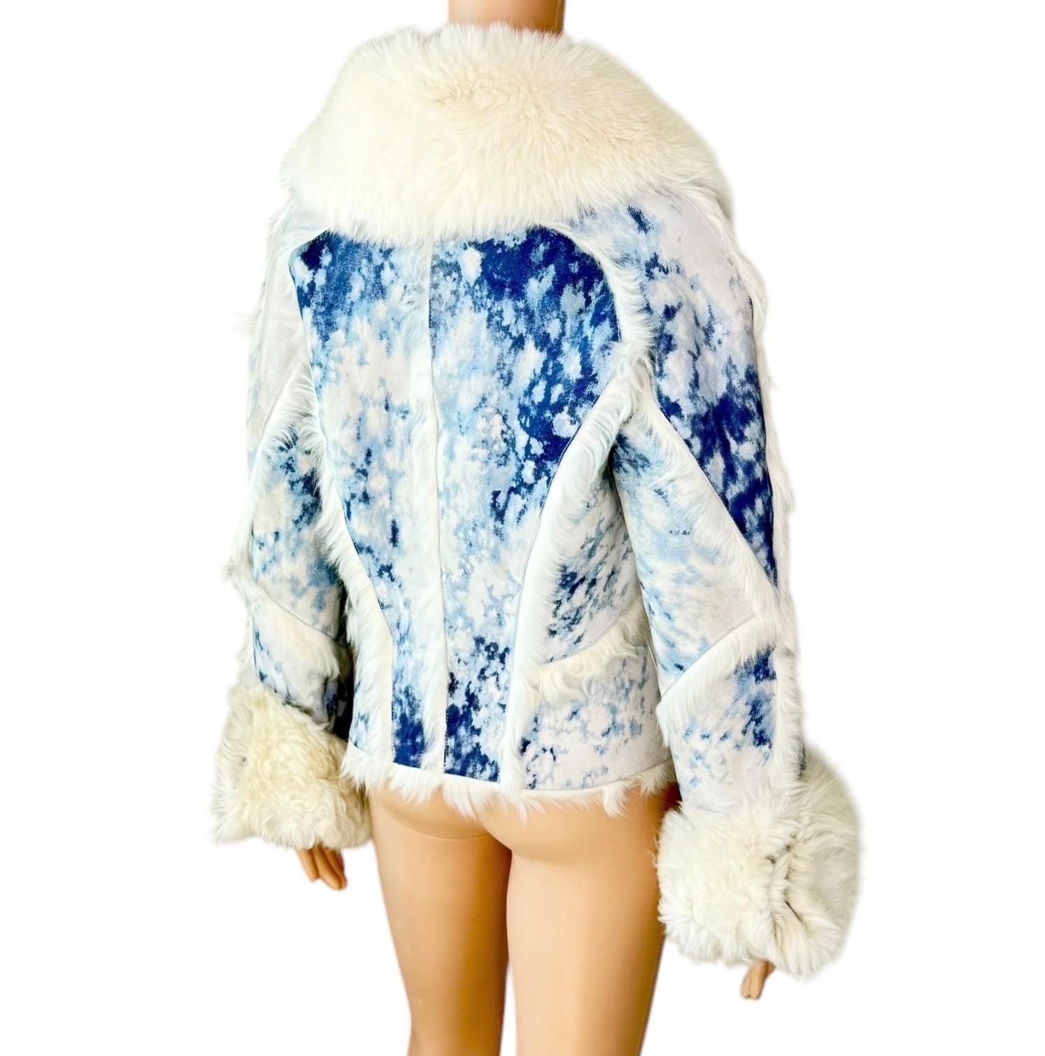 Roberto Cavalli F/W 2001 Blue Tie Dye Shearling Leather & Fox Fur Jacket Coat For Sale 4