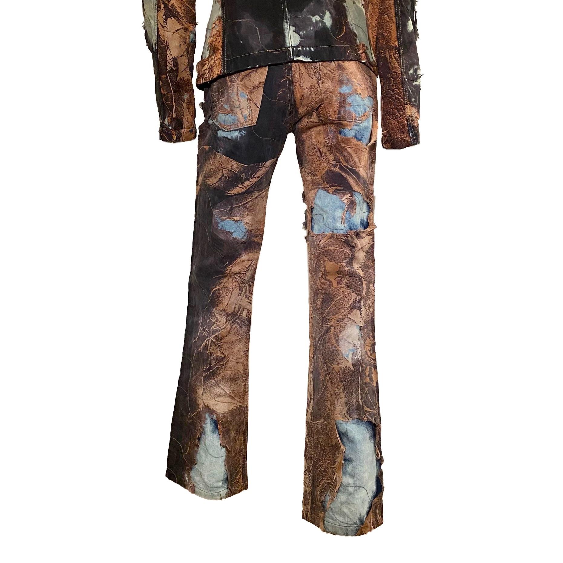 Roberto Cavalli F/W 2001 distressed silk/denim pant suit In Excellent Condition In Rome, IT