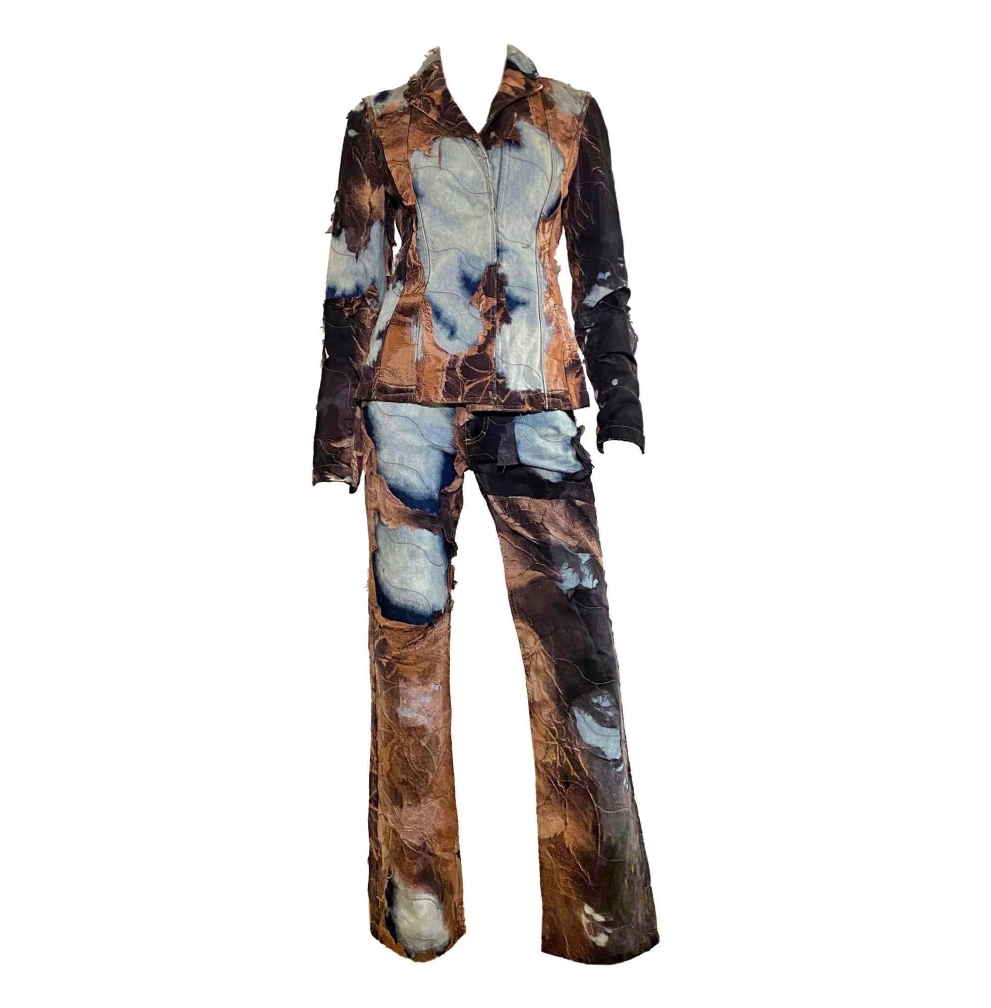 Roberto Cavalli F/W 2001 distressed silk/denim pant suit