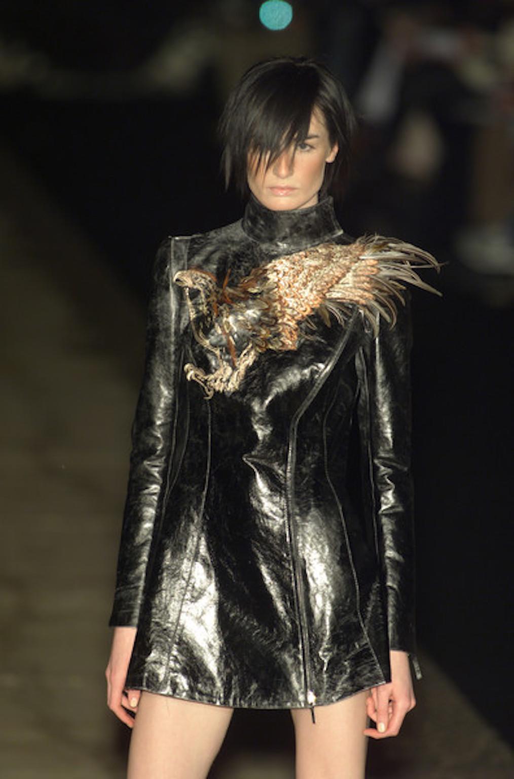 Roberto Cavalli F/W 2001 phoenix asymmetrical leather mini dress For Sale 3