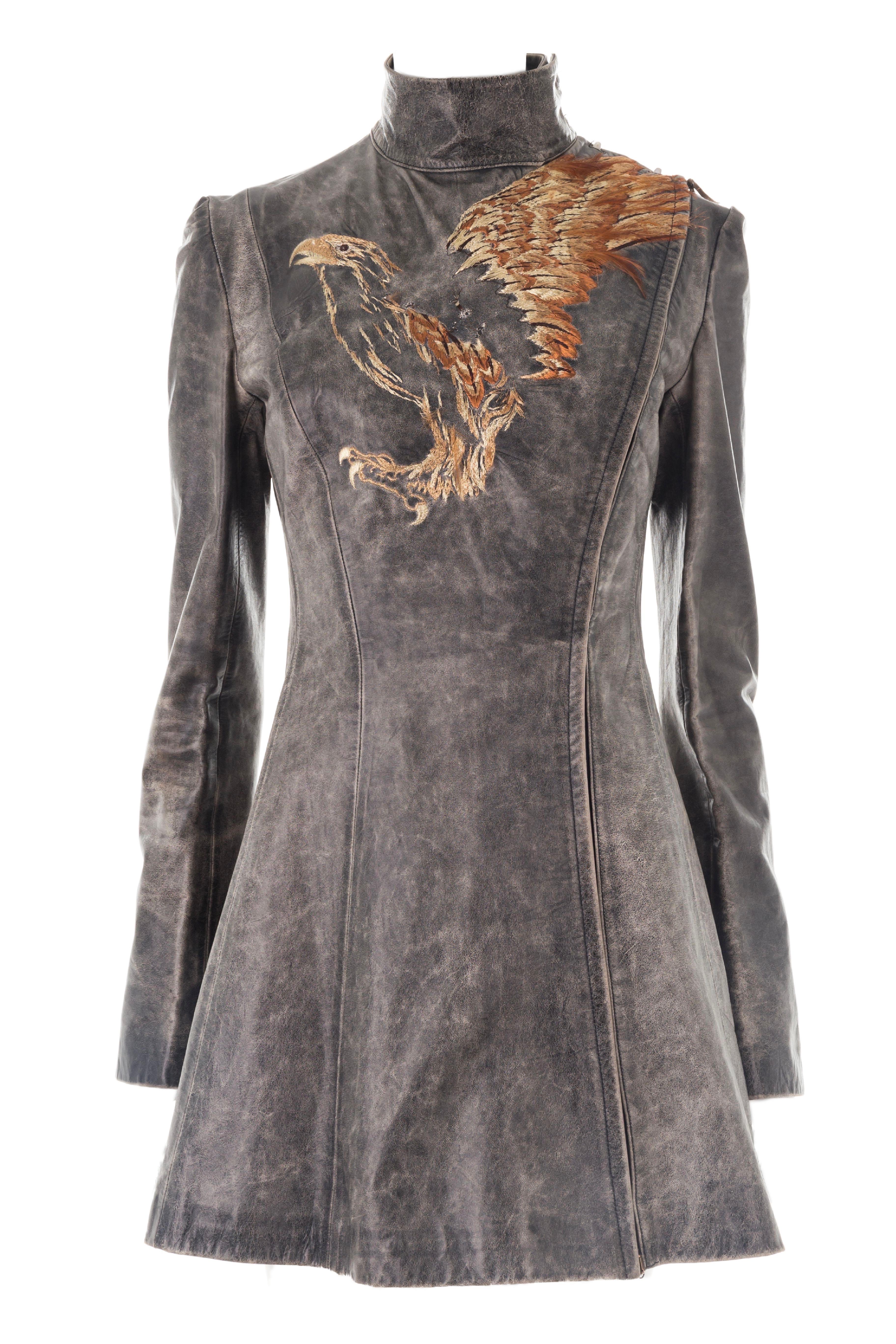Roberto Cavalli F/W 2001 mini vestido de cuero asimétrico fénix