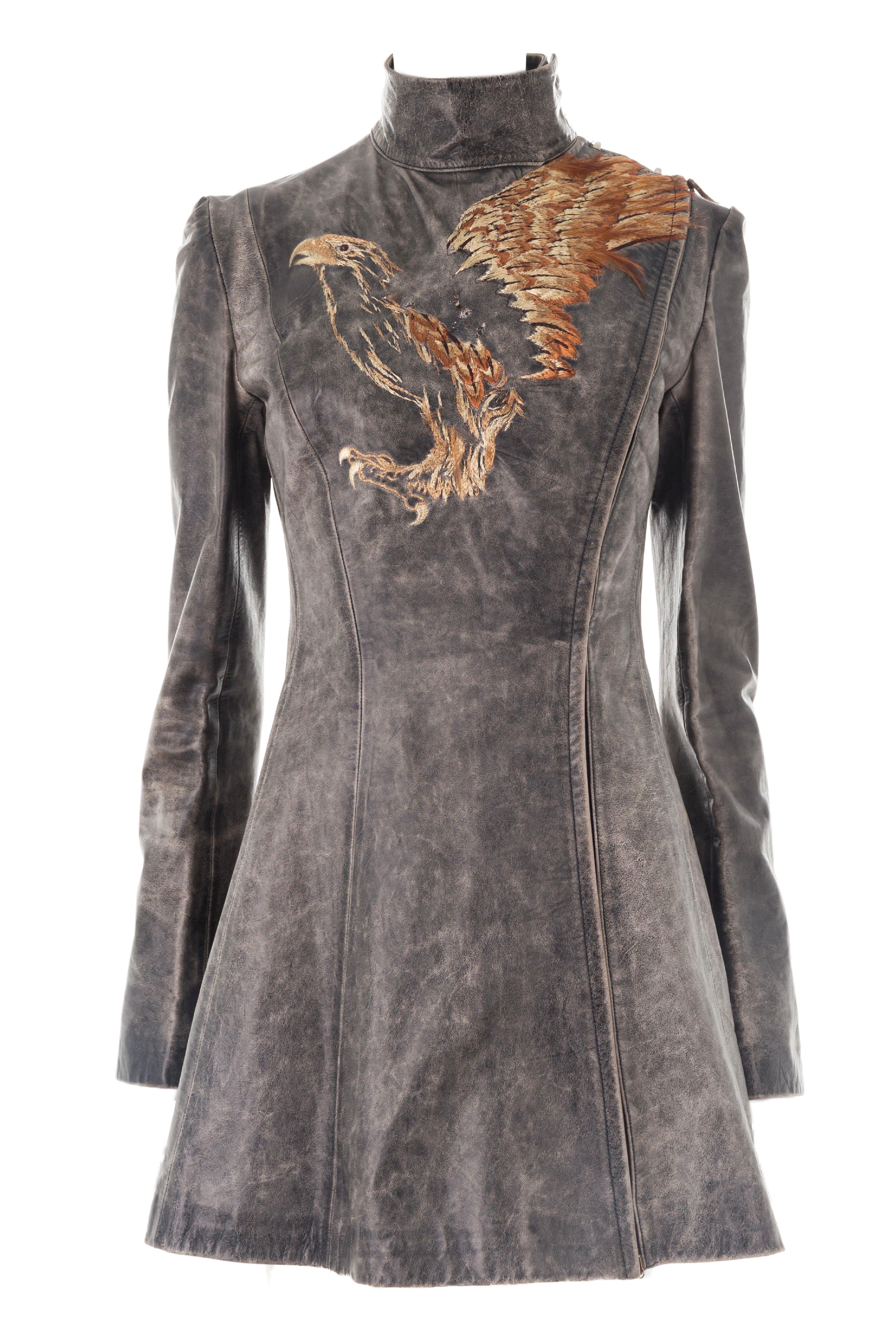 Roberto Cavalli F/W 2001 phoenix asymmetrical leather mini dress