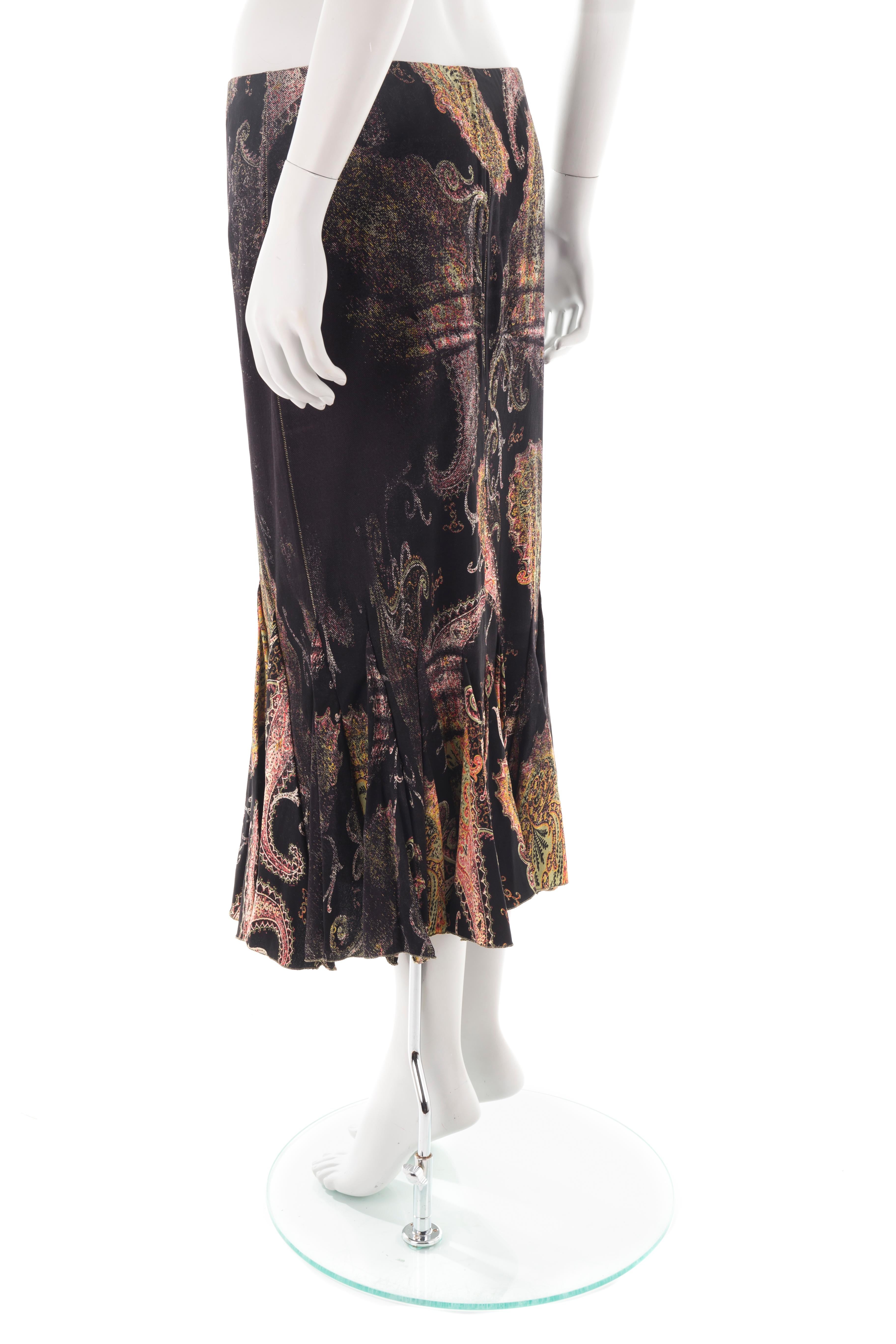 Women's Roberto Cavalli F/W 2002 black and brown paisley godet skirt