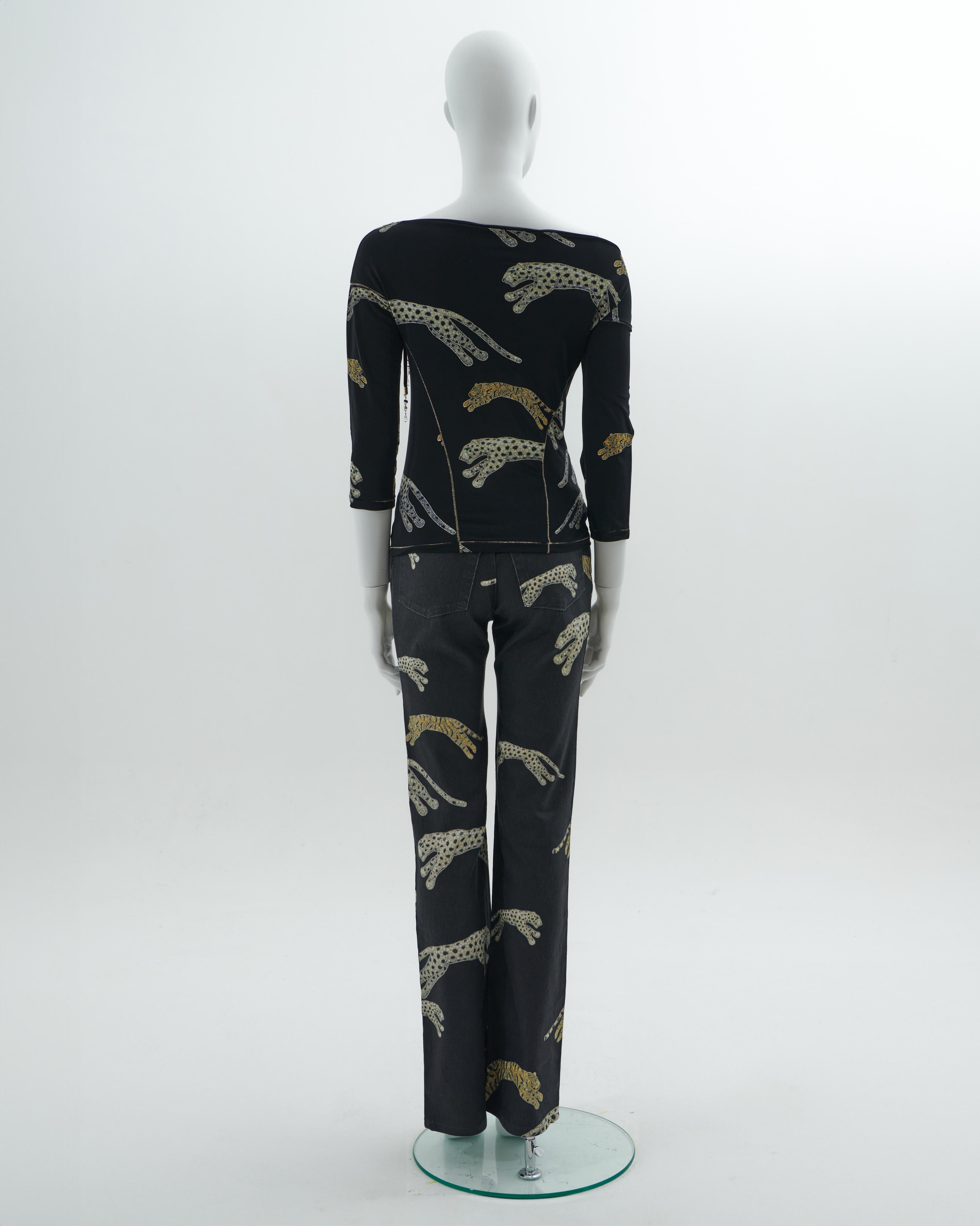 Roberto Cavalli F/W 2002 Black leopards and tigers print pants set In Excellent Condition For Sale In Milano, IT