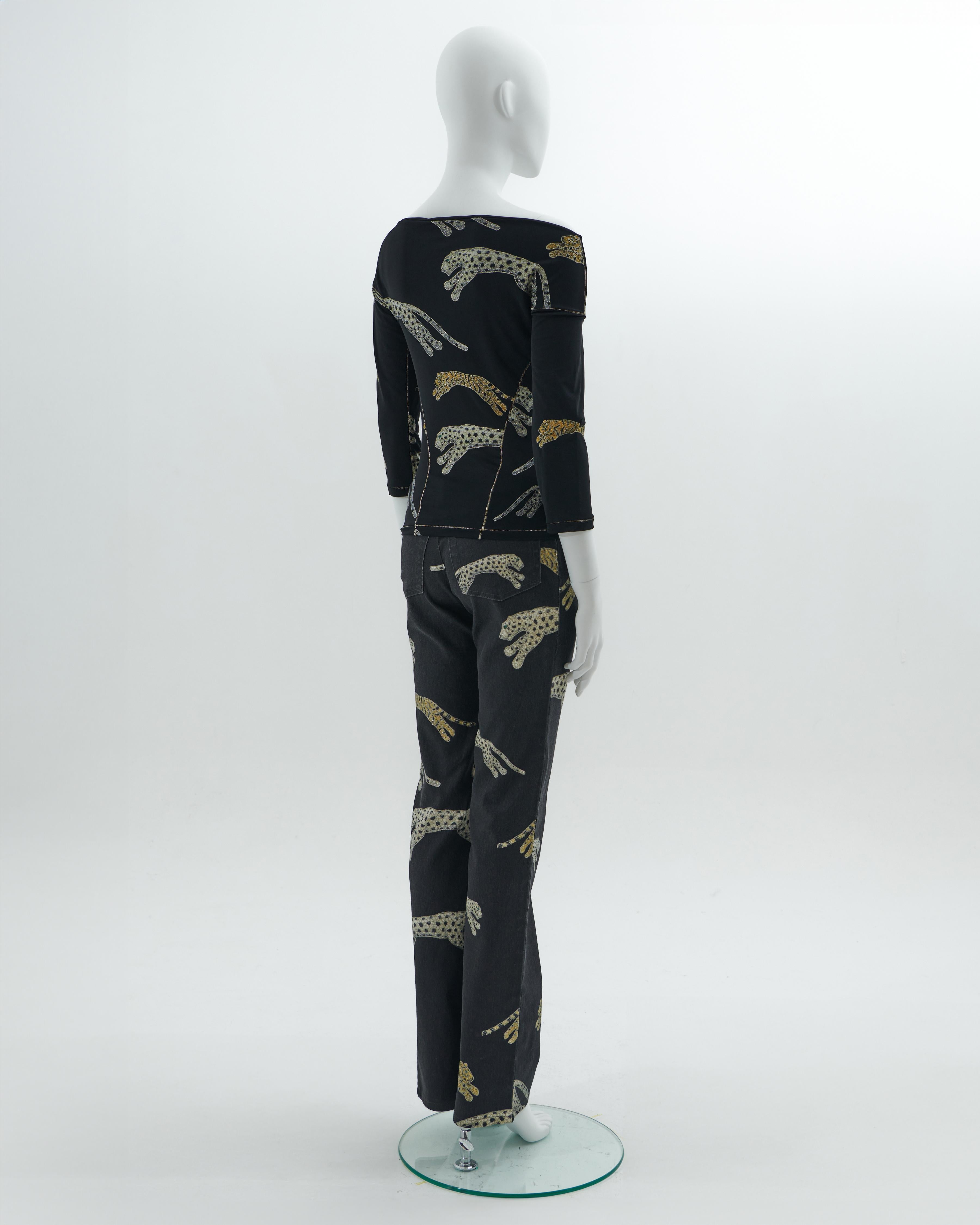 Roberto Cavalli F/W 2002 Ensemble pantalon noir imprimé léopards et tigres Pour femmes en vente