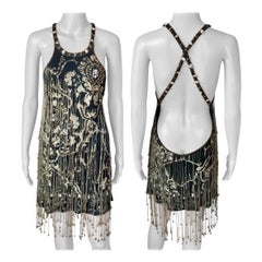 Roberto Cavalli F/W 2002 Runway Embellished Beaded Fringed Open Back Mini Dress