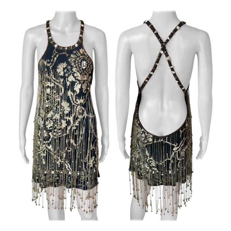 Roberto Cavalli F/W 2002 Runway Embellished Beaded Fringed Open Back Mini  Dress