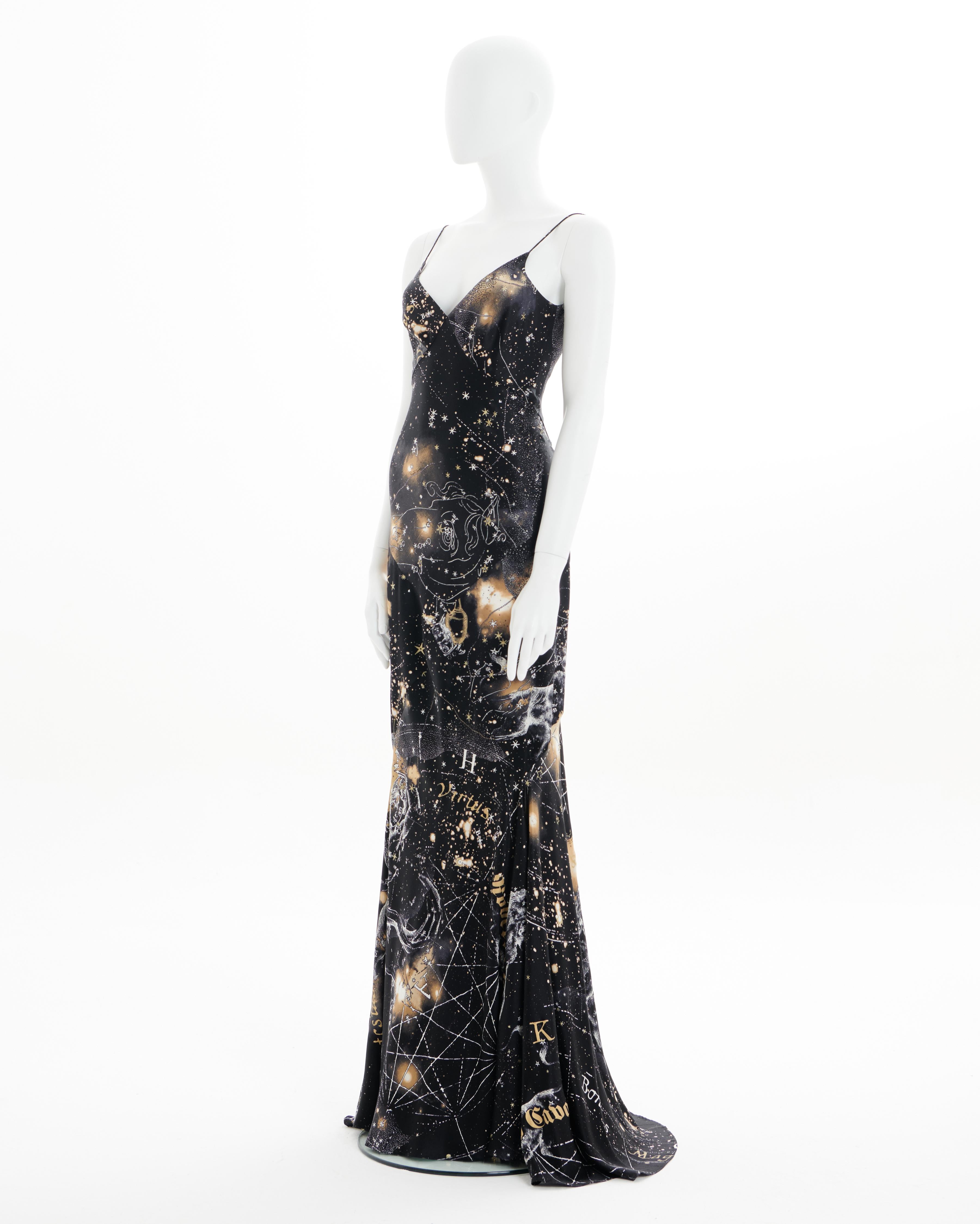 - Roberto Cavalli
- Sold by Skof.Archive 
- Fall - Winter 2008 
- Celestial star-chart gown 
- Seamed constellation printed crepe hugs all of the curves and features a range of star maps, calligraphic lettering, taurus stars, and the rest of the