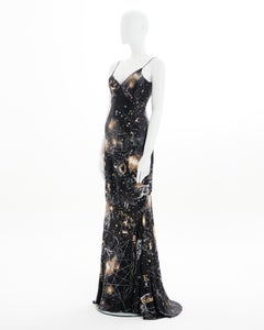 Roberto Cavalli F/W 2003 Black "Astrology" print bias-cut silk evening dress