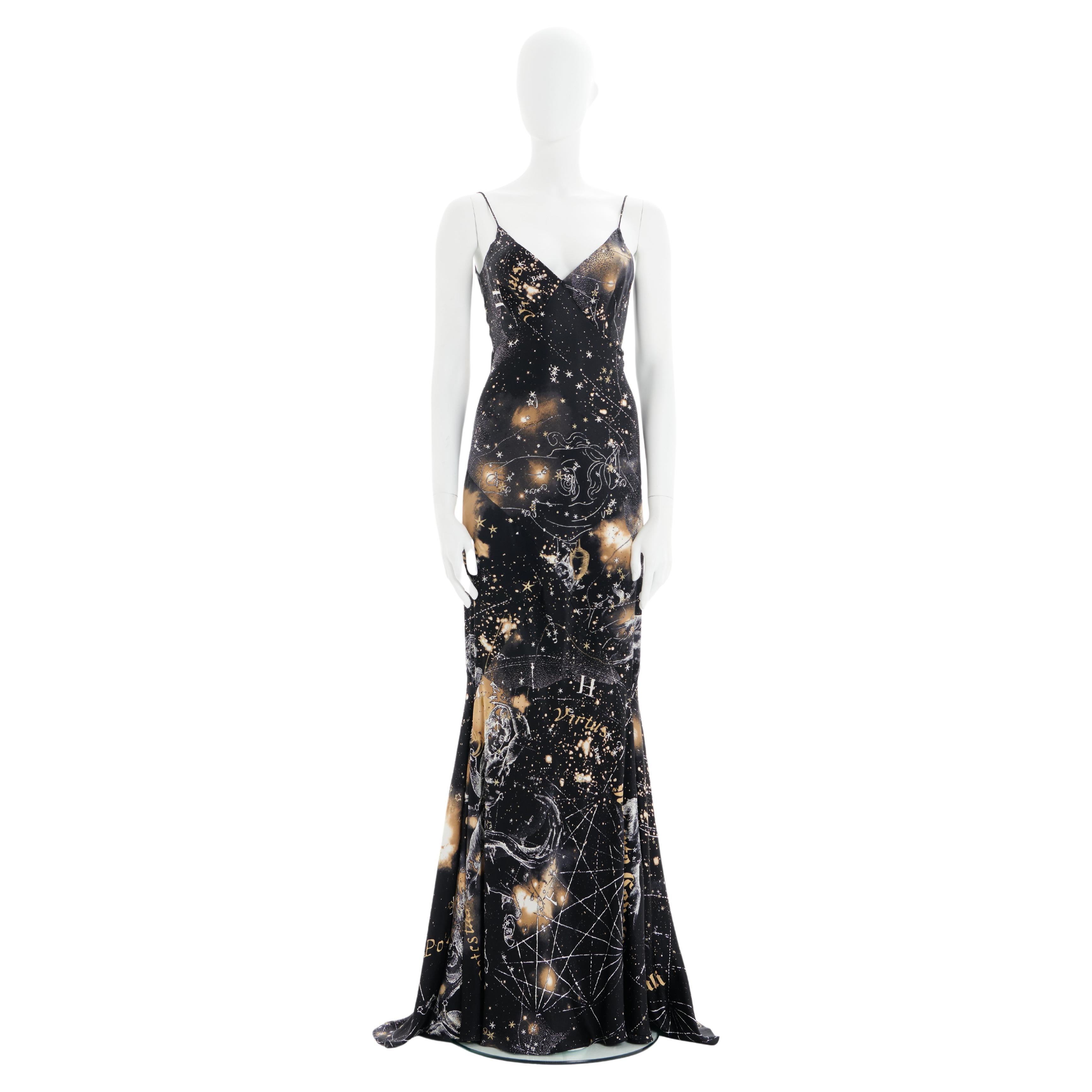 Roberto Cavalli F/W 2003 Black "Astrology" print bias-cut silk evening dress For Sale