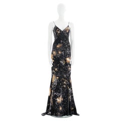 Vintage Roberto Cavalli F/W 2003 Black "Astrology" print bias-cut silk evening dress