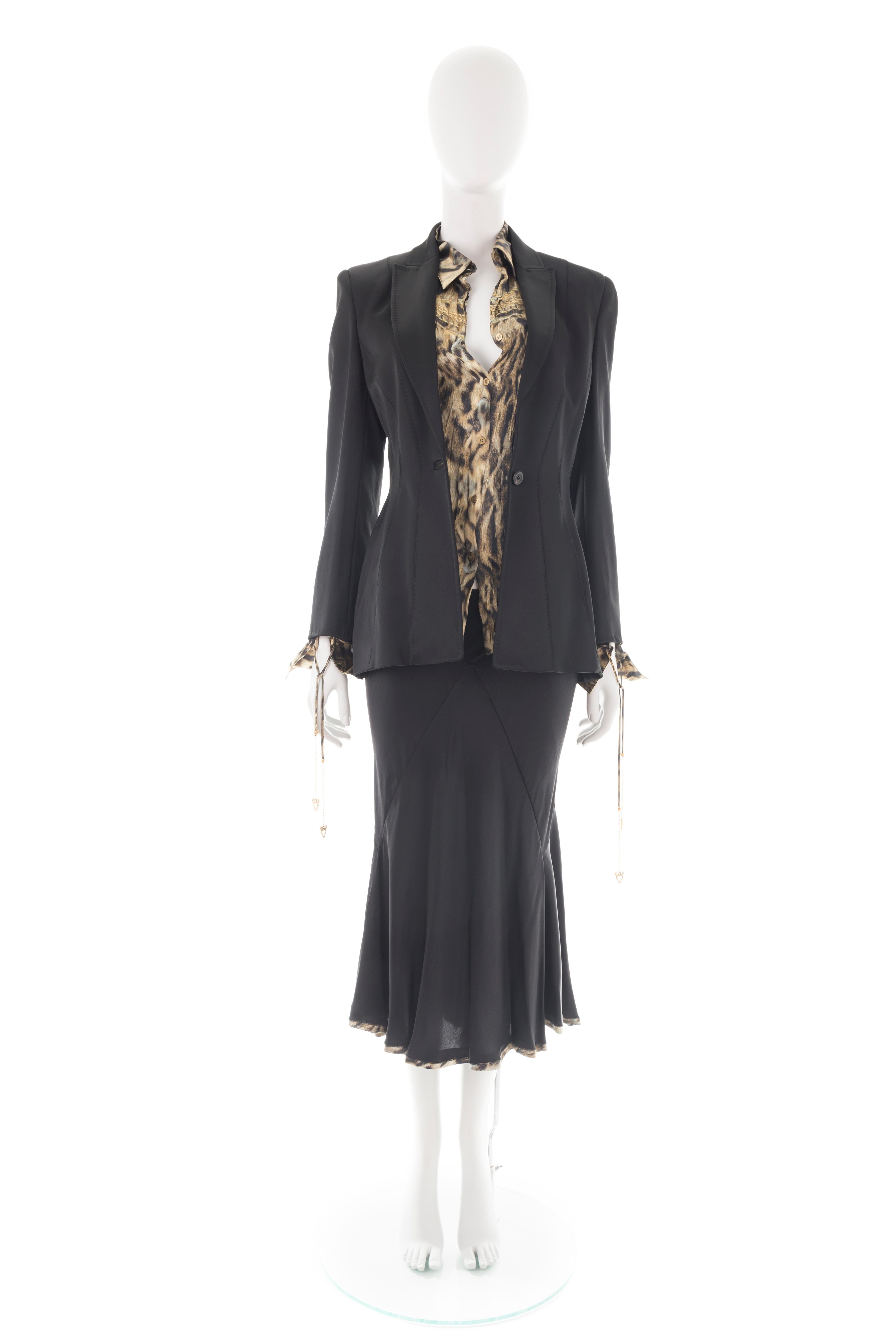 Roberto Cavalli F/W 2003 tailleur jupe sirène en soie noir et guépard Pour femmes en vente