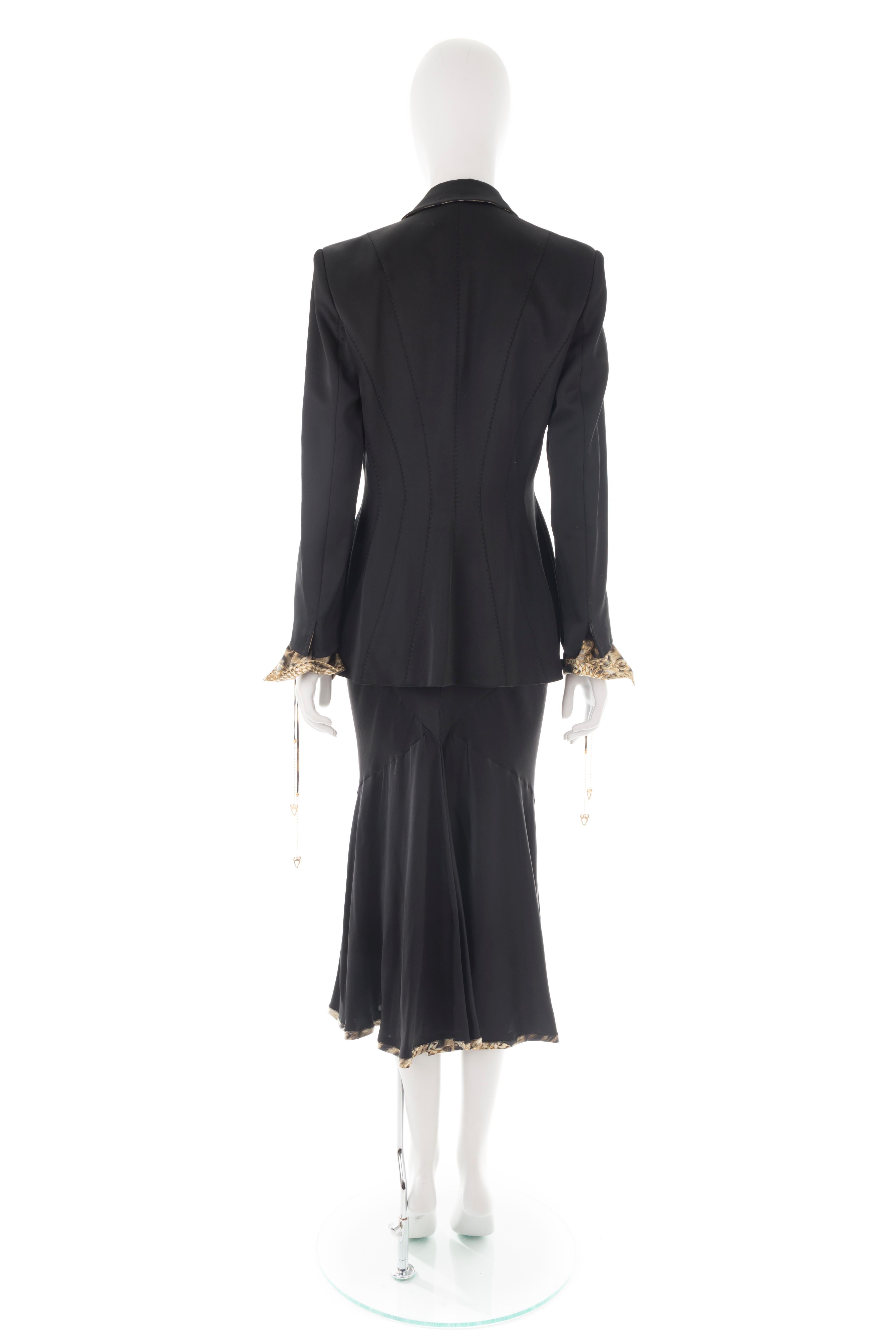 Roberto Cavalli F/W 2003 tailleur jupe sirène en soie noir et guépard en vente 3