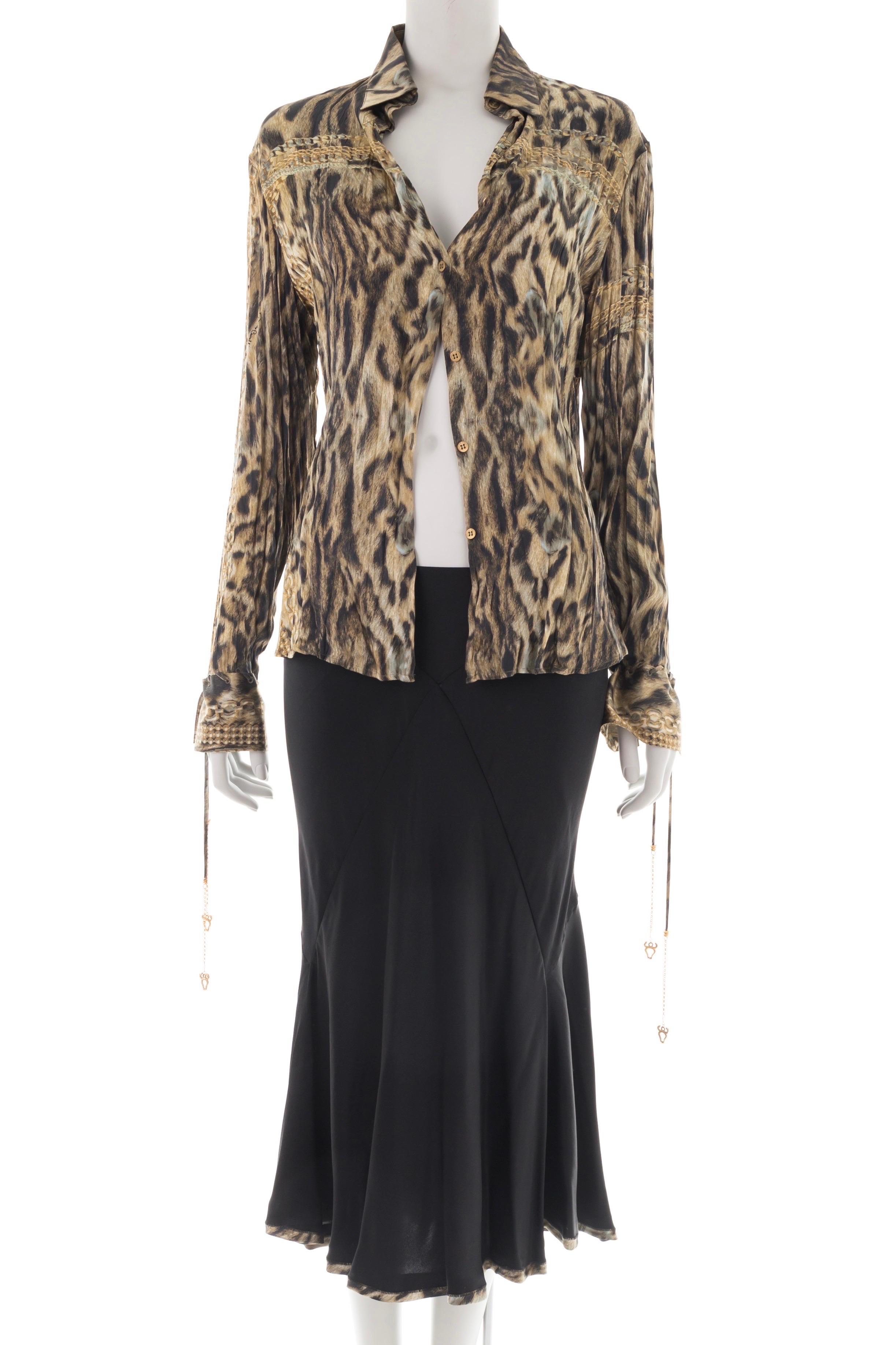 Roberto Cavalli F/W 2003 black & cheetah silk mermaid skirt suit