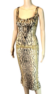 Roberto Cavalli F/W 2003 Bustier Corset Lace Up Animal Chain Print Silk Dress