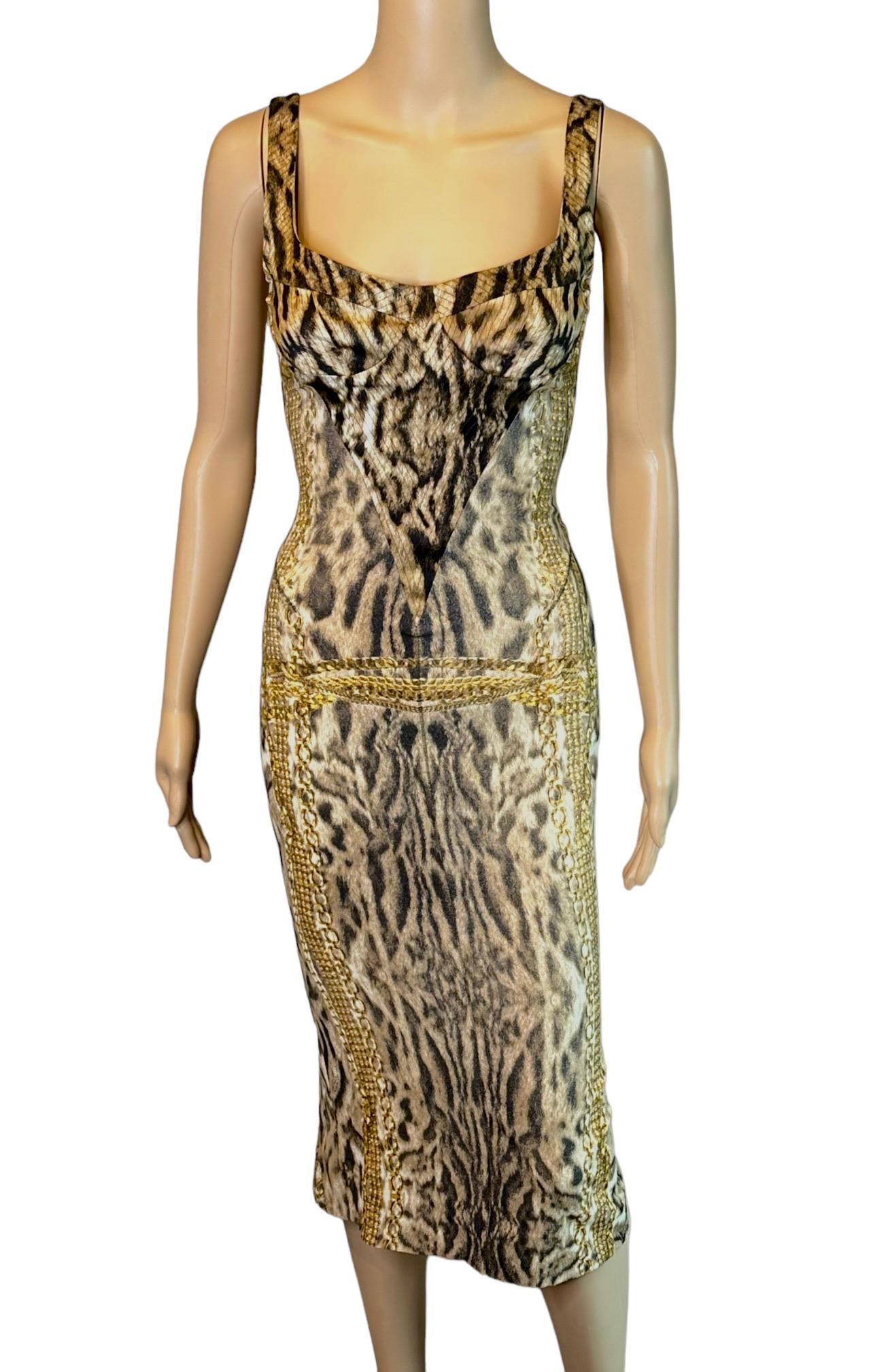 Beige Roberto Cavalli F/W 2003 Bustier Corset Lace Up Animal Chain Print Silk Dress For Sale