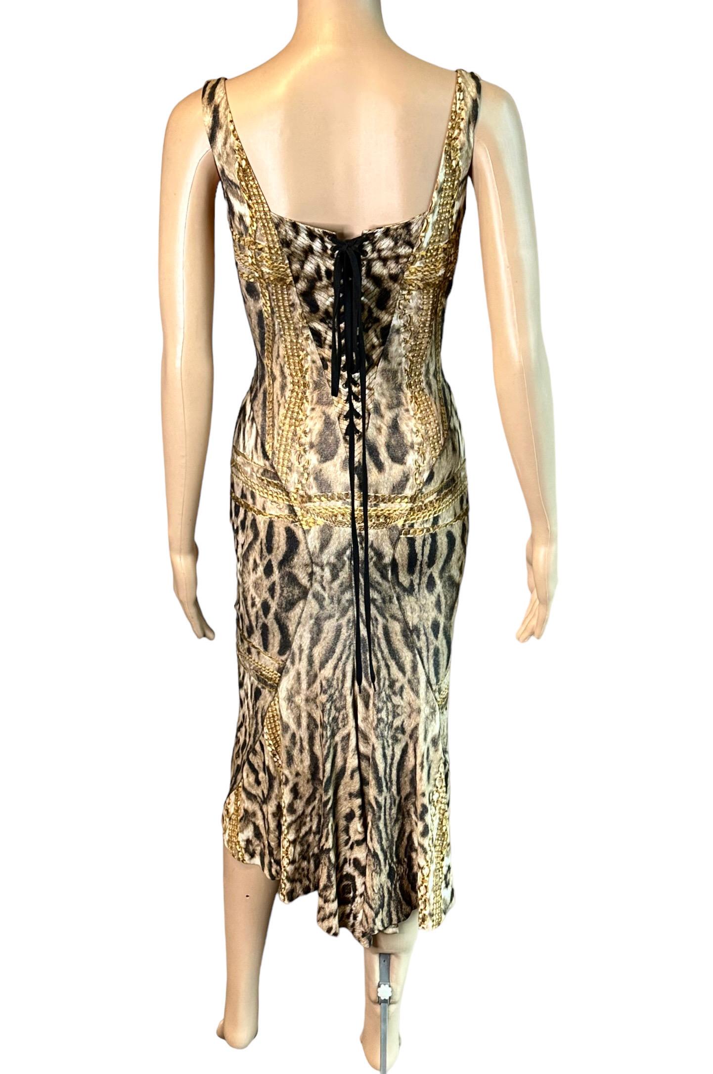Roberto Cavalli F/W 2003 Bustier Corset Lace Up Animal Chain Print Silk Dress In Good Condition In Naples, FL