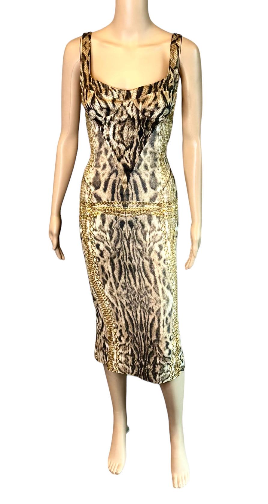 Women's Roberto Cavalli F/W 2003 Bustier Corset Lace Up Animal Chain Print Silk Dress For Sale
