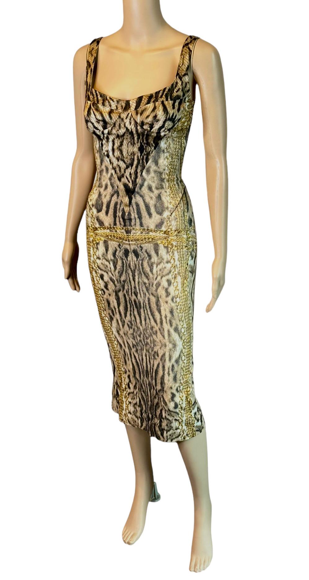 Roberto Cavalli F/W 2003 Bustier Corset Lace Up Animal Chain Print Silk Dress For Sale 1