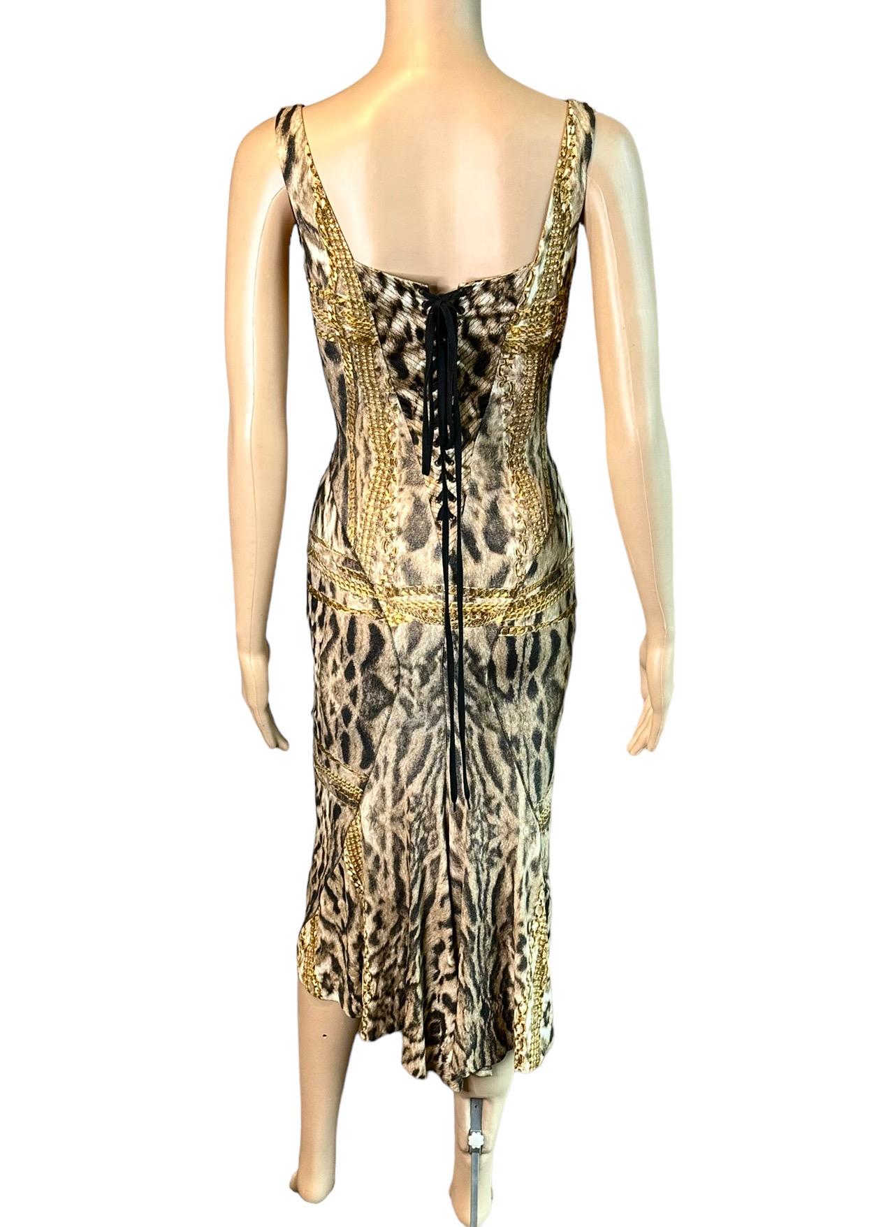 Roberto Cavalli F/W 2003 Bustier Corset Lace Up Animal Chain Print Silk Dress For Sale 2