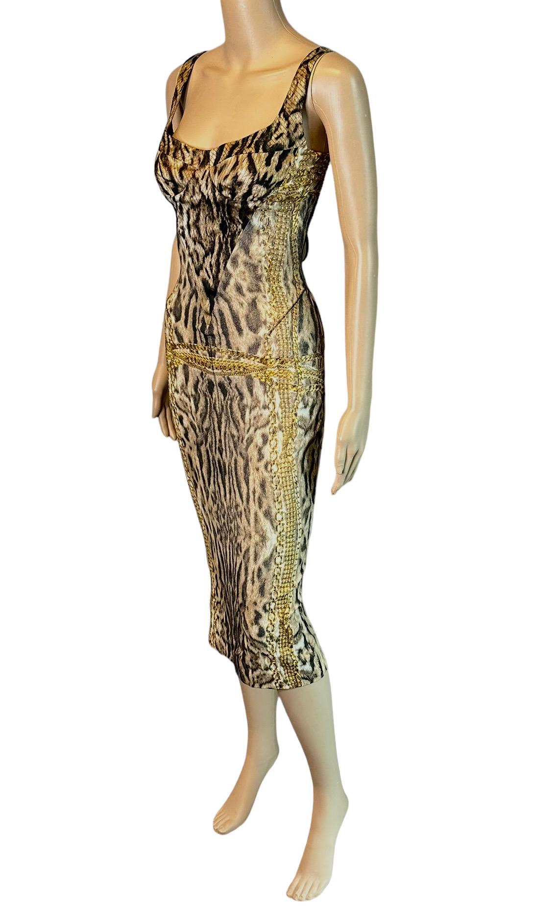 Roberto Cavalli F/W 2003 Bustier Corset Lace Up Animal Chain Print Silk Dress For Sale 3