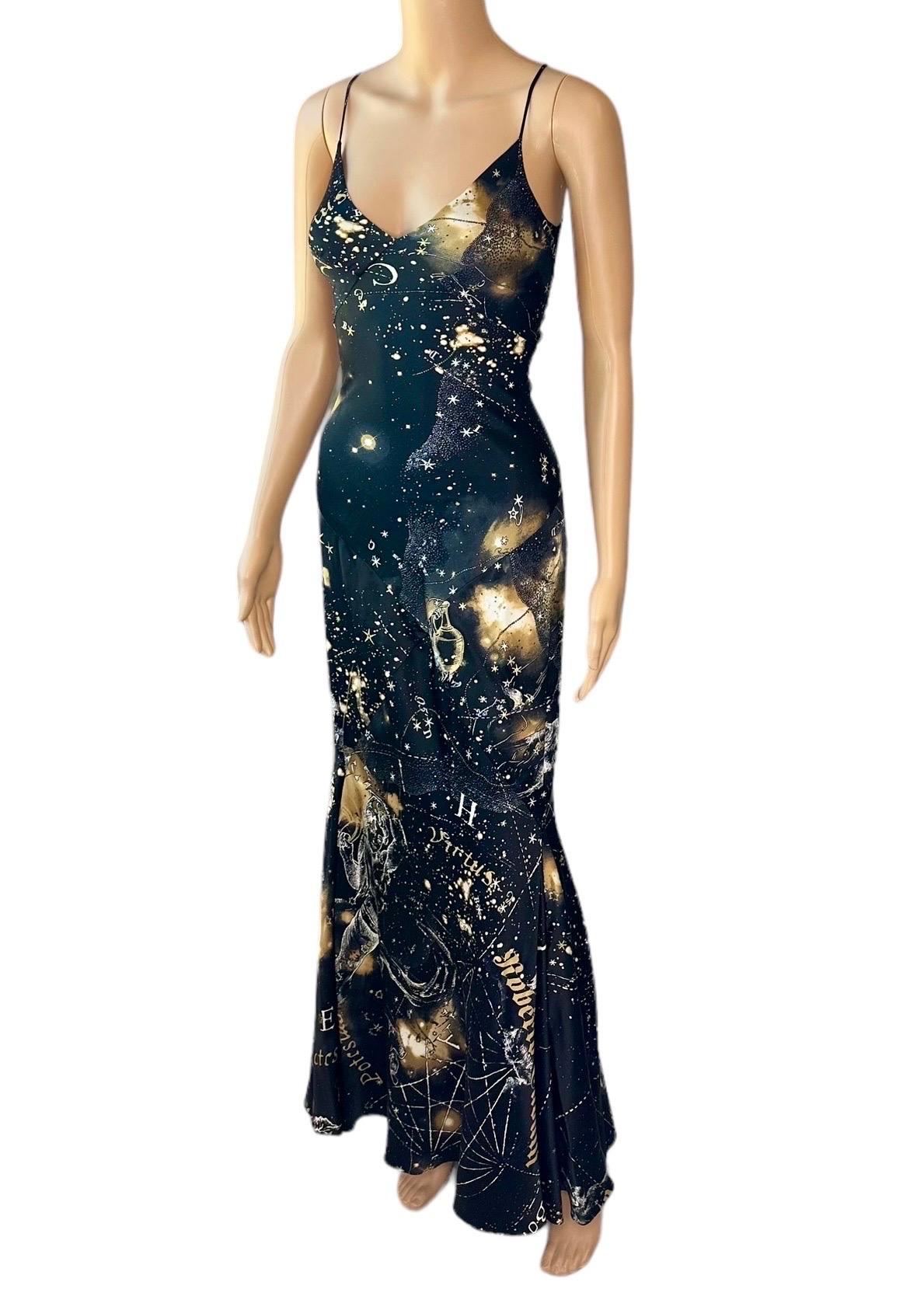 Roberto Cavalli H/W 2003 Constellation Print Slip Seiden-Abendkleid mit Sternbilddruck Damen im Angebot