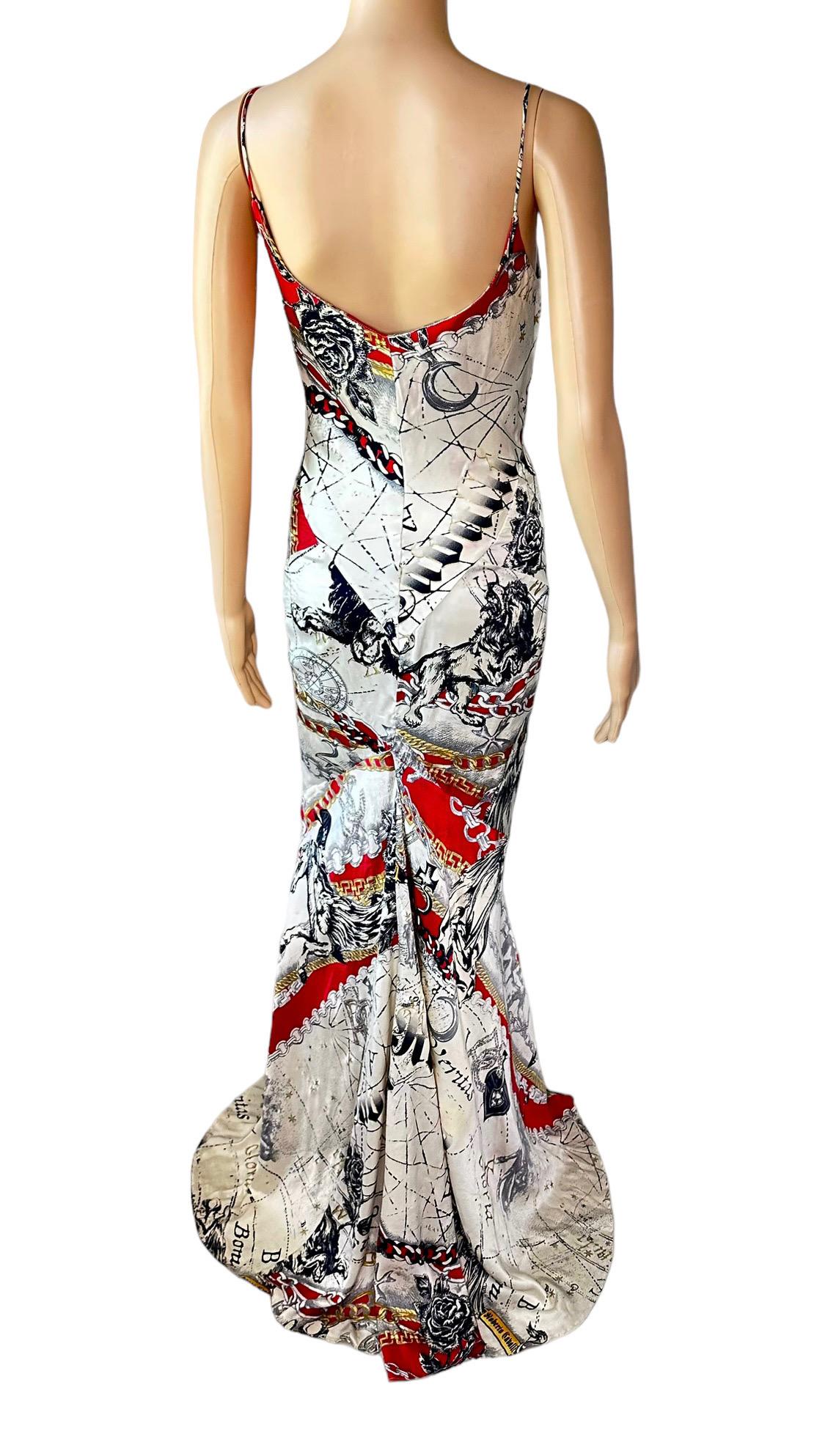 Roberto Cavalli F/W 2003 Constellation Print Slip Silk Train Evening Dress Gown For Sale 5