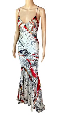 Roberto Cavalli F/W 2003 Constellation Print Slip Silk Train Evening Dress Gown