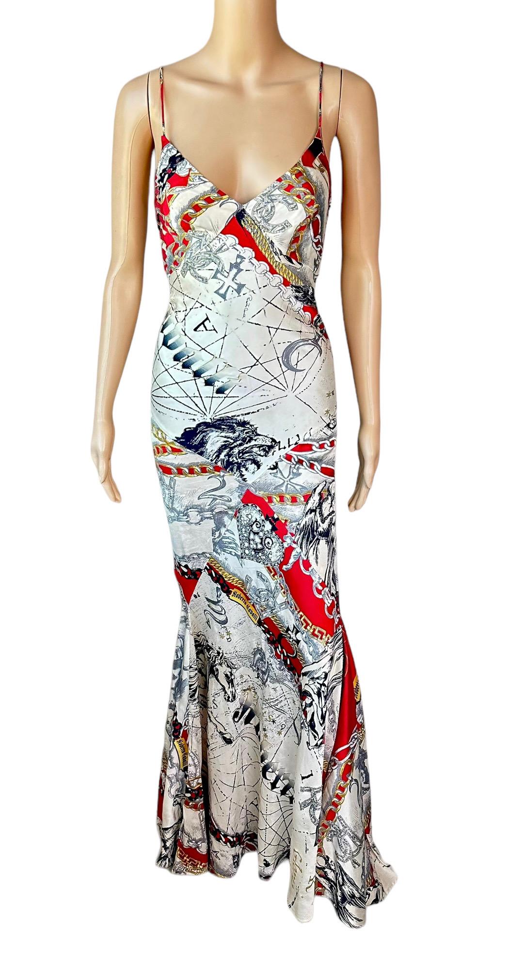 Gray Roberto Cavalli F/W 2003 Constellation Print Slip Silk Train Evening Dress Gown For Sale