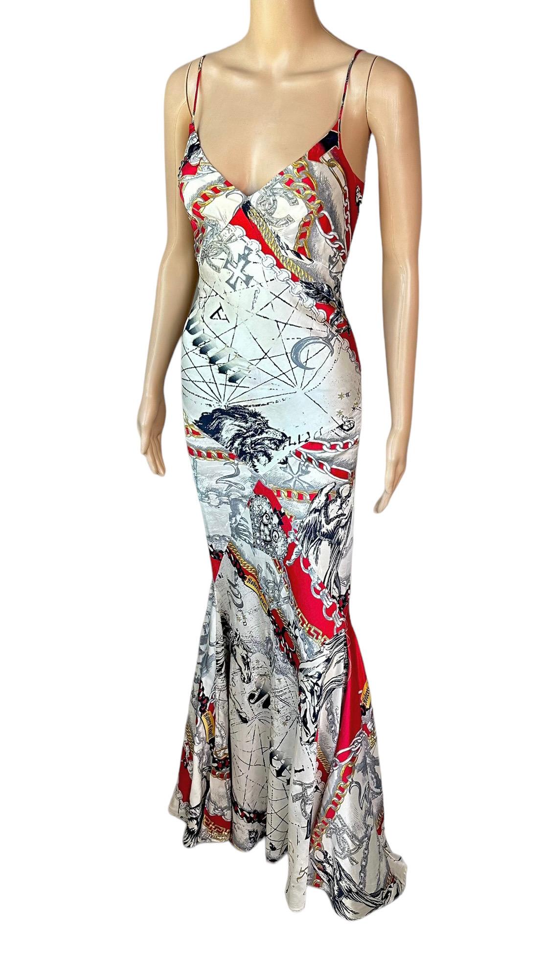Women's Roberto Cavalli F/W 2003 Constellation Print Slip Silk Train Evening Dress Gown For Sale
