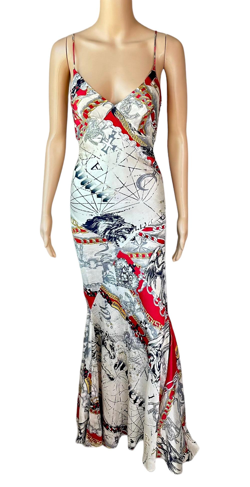 Roberto Cavalli F/W 2003 Constellation Print Slip Silk Train Evening Dress Gown For Sale 2