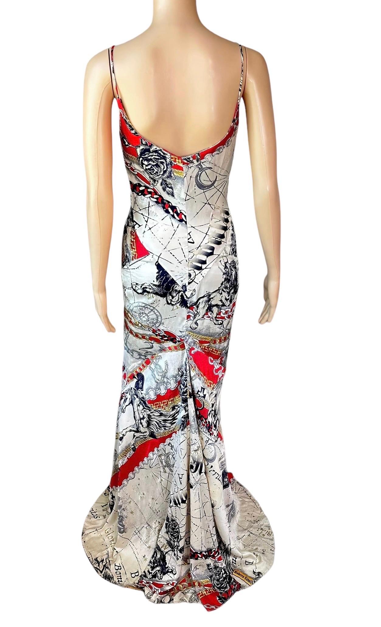 Roberto Cavalli F/W 2003 Constellation Print Slip Silk Train Evening Dress Gown For Sale 3