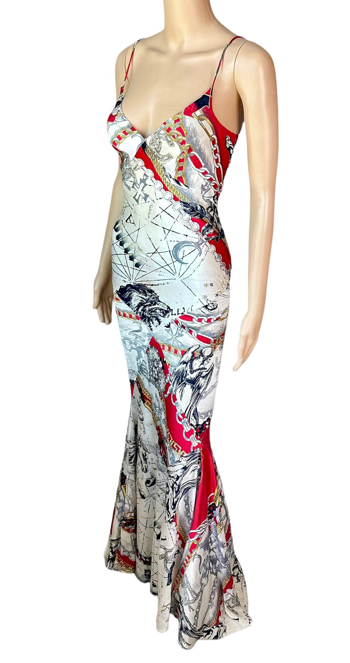 Roberto Cavalli F/W 2003 Constellation Print Slip Silk Train Evening Dress Gown For Sale 4
