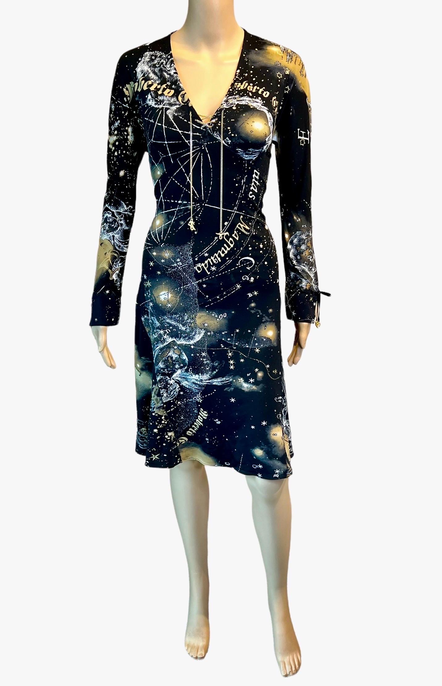 Roberto Cavalli F/W 2003 Lace Up Chain Constellation Astrology Print Dress In Good Condition For Sale In Naples, FL