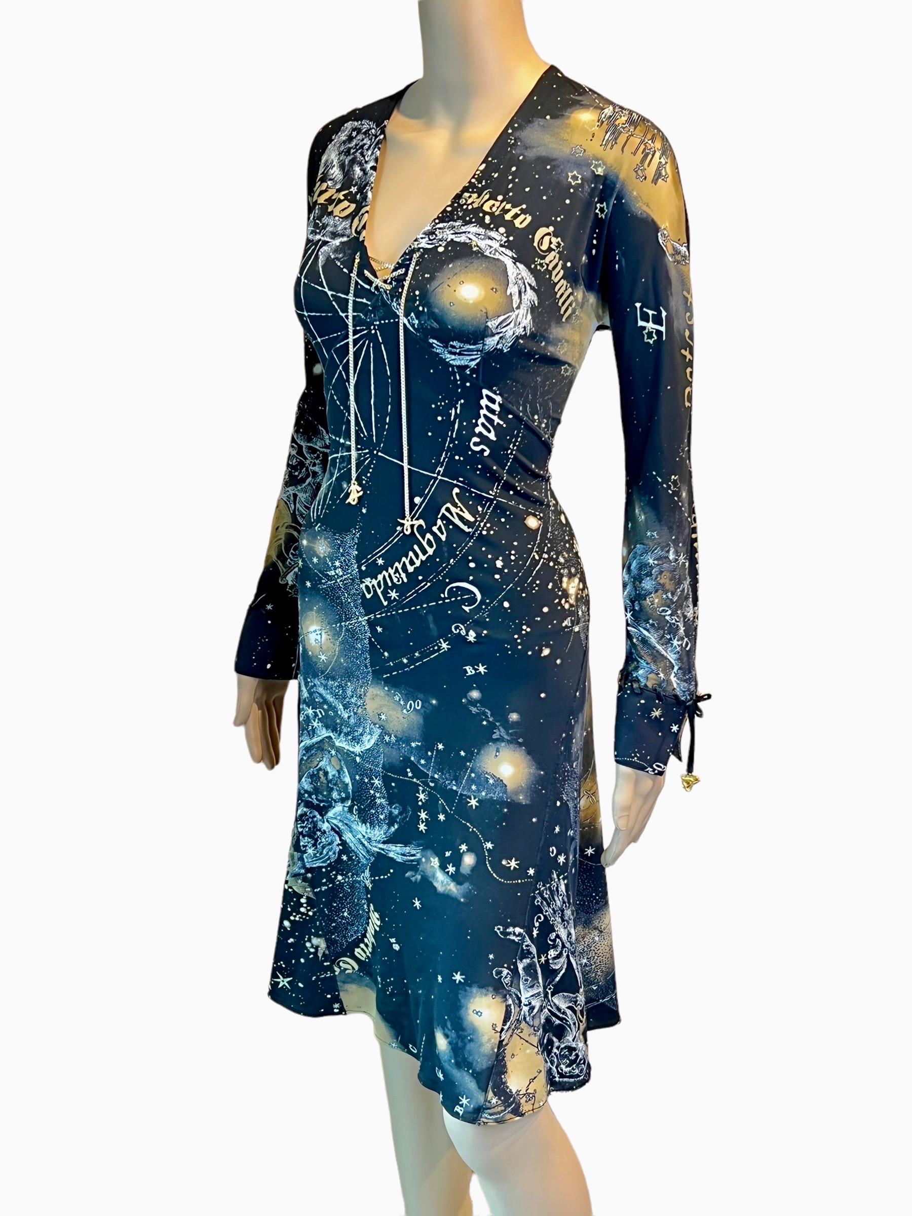 Women's Roberto Cavalli F/W 2003 Lace Up Chain Constellation Astrology Print Dress For Sale