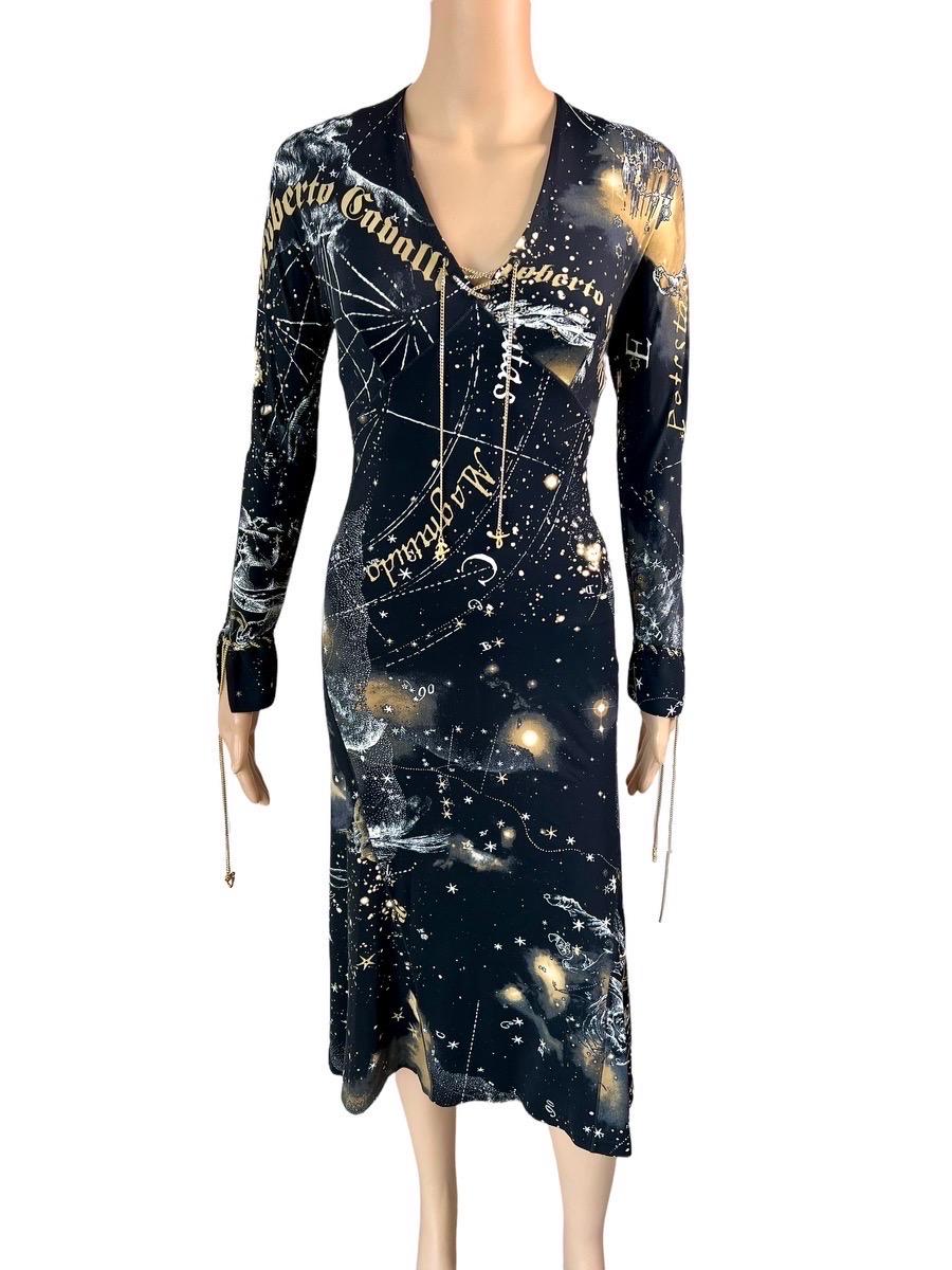 Roberto Cavalli F/W 2003 Lace Up Chain Constellation Astrology Print Midi Dress Size S
