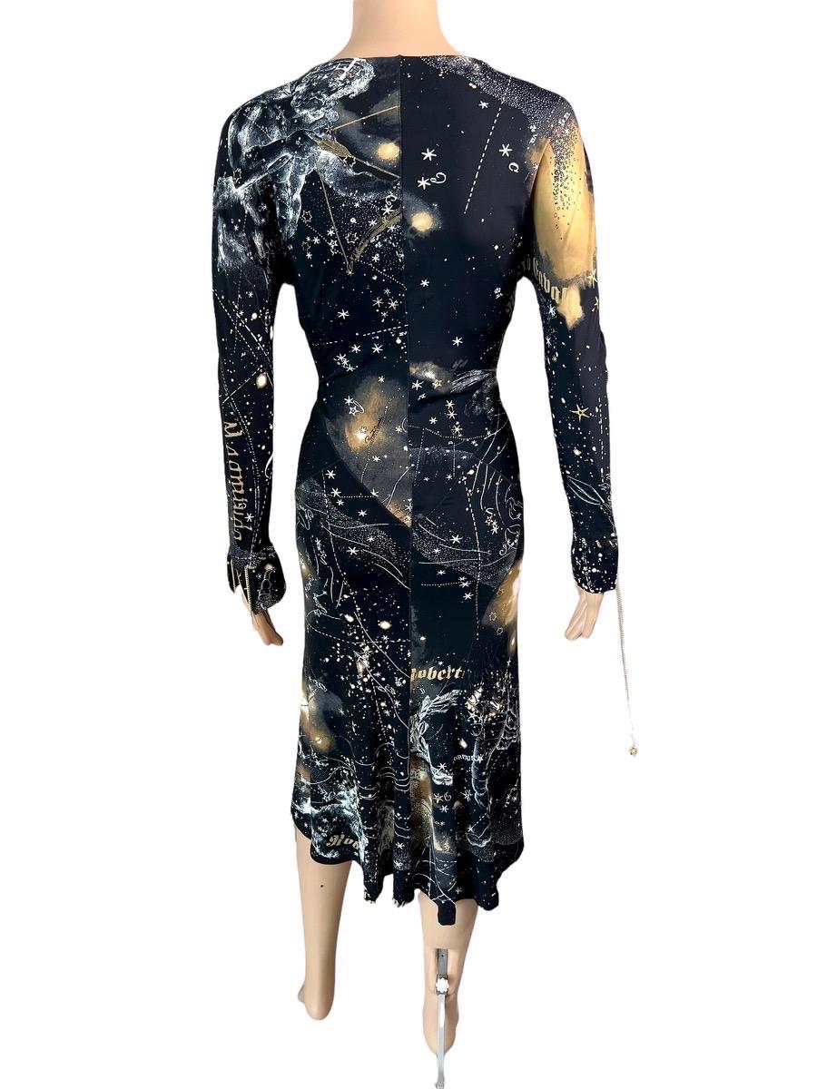 Black Roberto Cavalli F/W 2003 Lace Up Chain Constellation Astrology Print Midi Dress For Sale