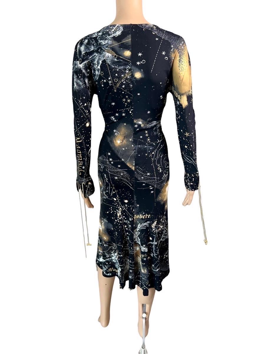 Roberto Cavalli F/W 2003 Lace Up Chain Constellation Astrology Print Midi Dress In Good Condition For Sale In Naples, FL