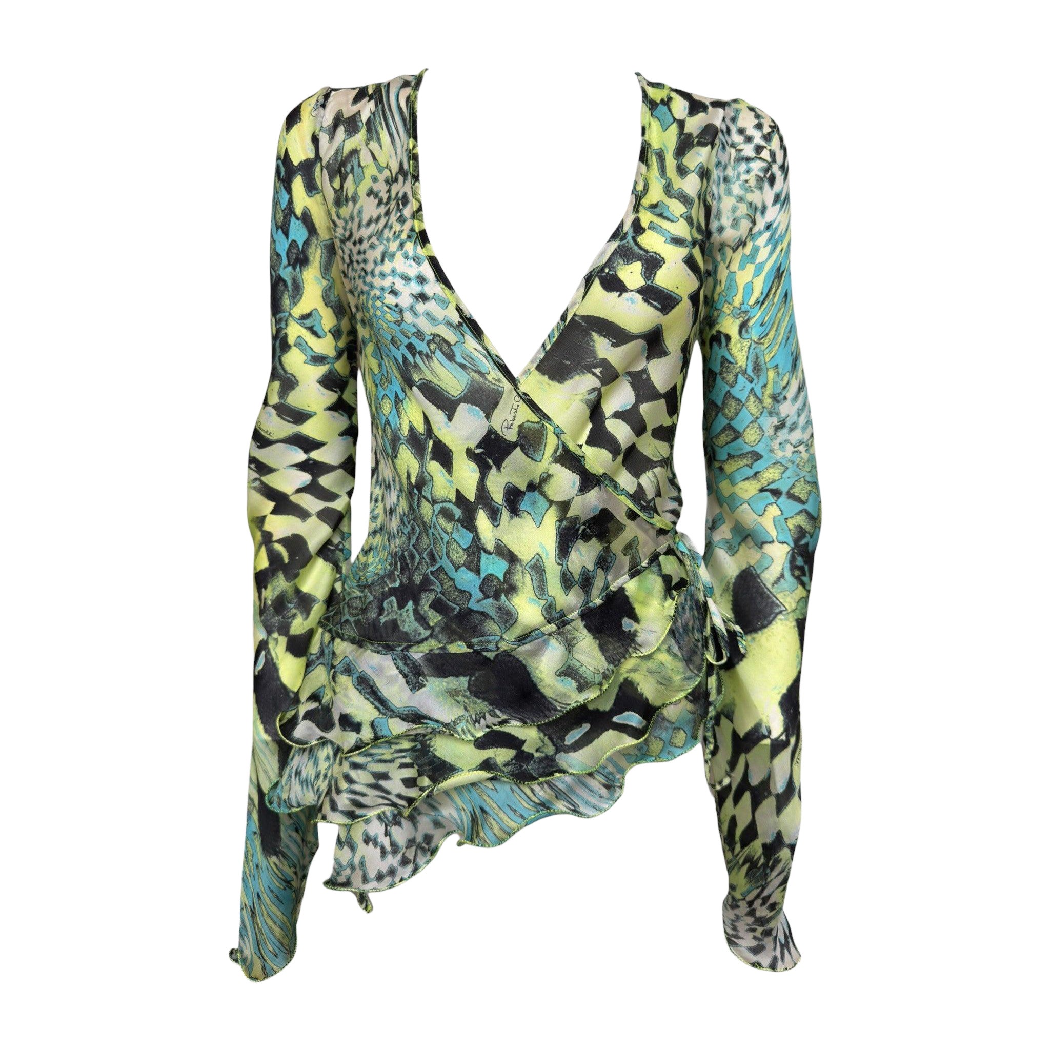 Roberto Cavalli Automne-Hiver 2003 : haut cache-cœur à imprimé abstrait vert citron, turquoise et noir