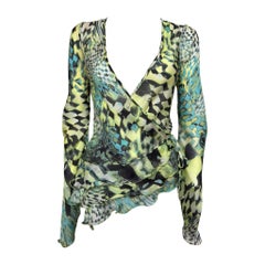 Roberto Cavalli F/W 2003 Lime, Turquoise & Black Abstract-Print Wrap Top