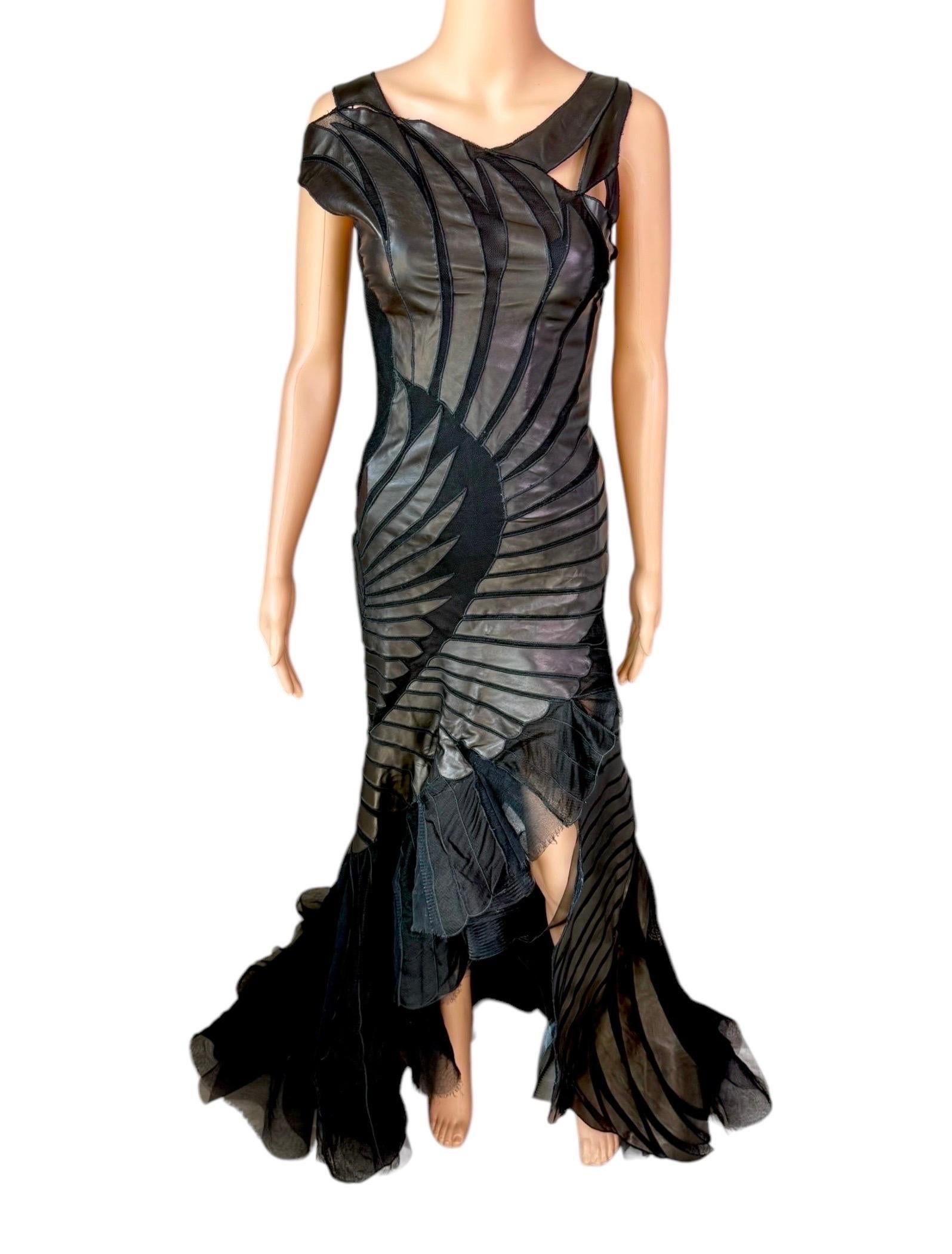 Roberto Cavalli F/W 2003 Runway Leather Sheer Mesh Black Evening Dress Gown For Sale 6