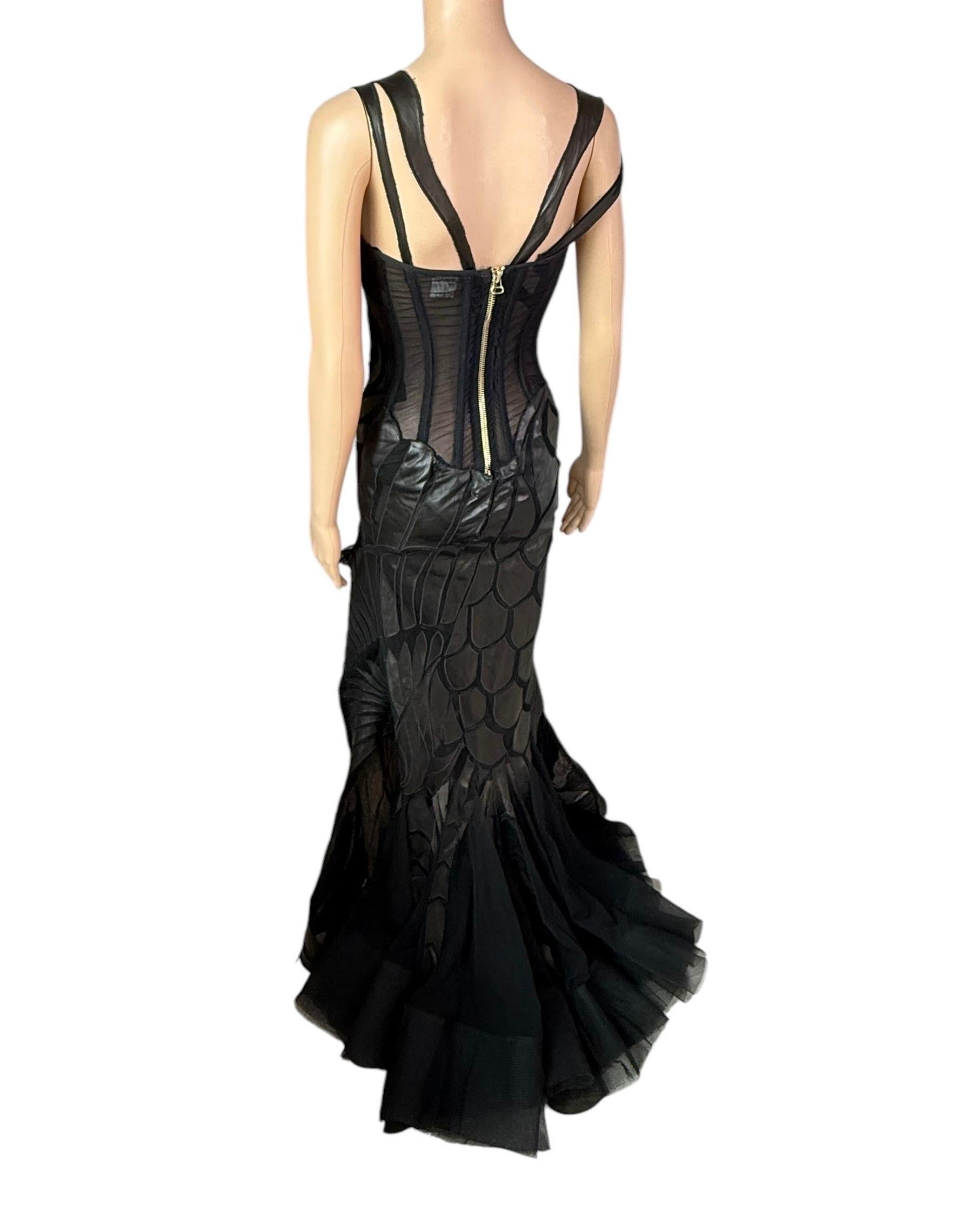 Roberto Cavalli F/W 2003 Runway Leather Sheer Mesh Black Evening Dress Gown For Sale 9