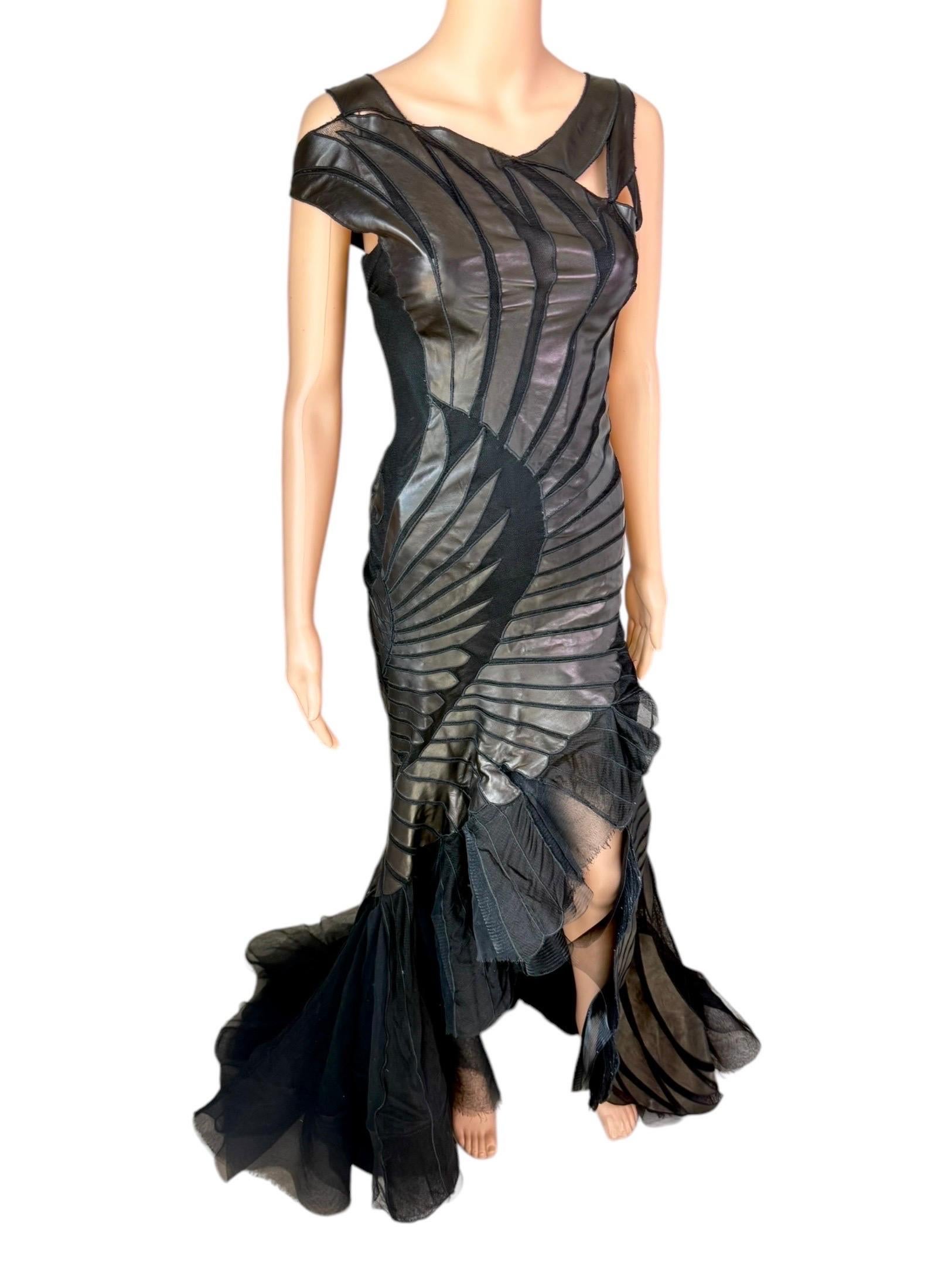 Roberto Cavalli F/W 2003 Runway Leather Sheer Mesh Cutout Panels Detail Black Evening Dress Gown

Look 54 from the Roberto Cavalli Fall 2003 Collection. The vintage archival piece was again remodeled as the closing look of the Spring 2025 Roberto