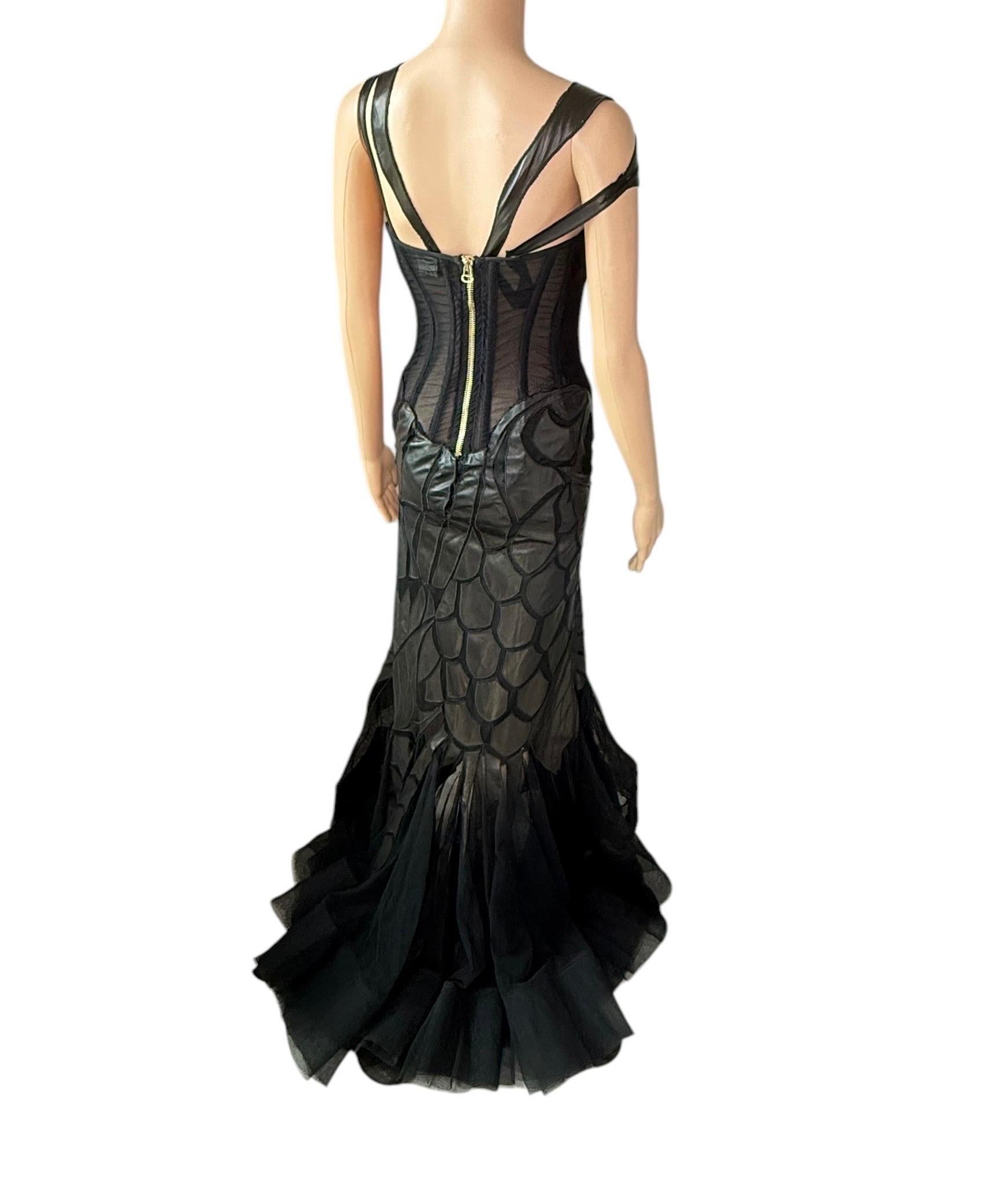 Roberto Cavalli F/W 2003 Runway Leather Sheer Mesh Black Evening Dress Gown For Sale 2